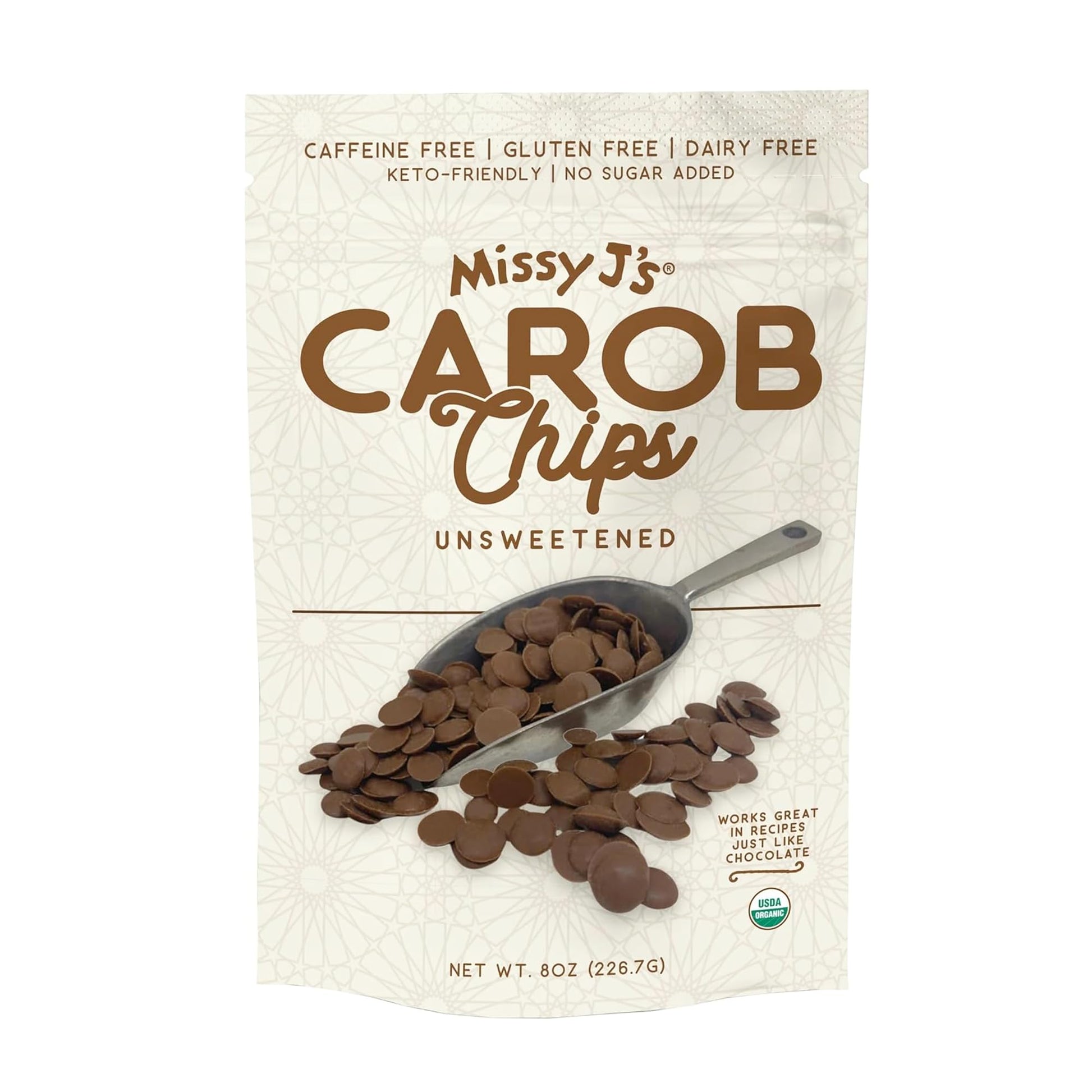 Missy Js Organic Unsweetened Carob Chips, Vegan, Gluten-Free, 8 Oz, Chocolate Flavor