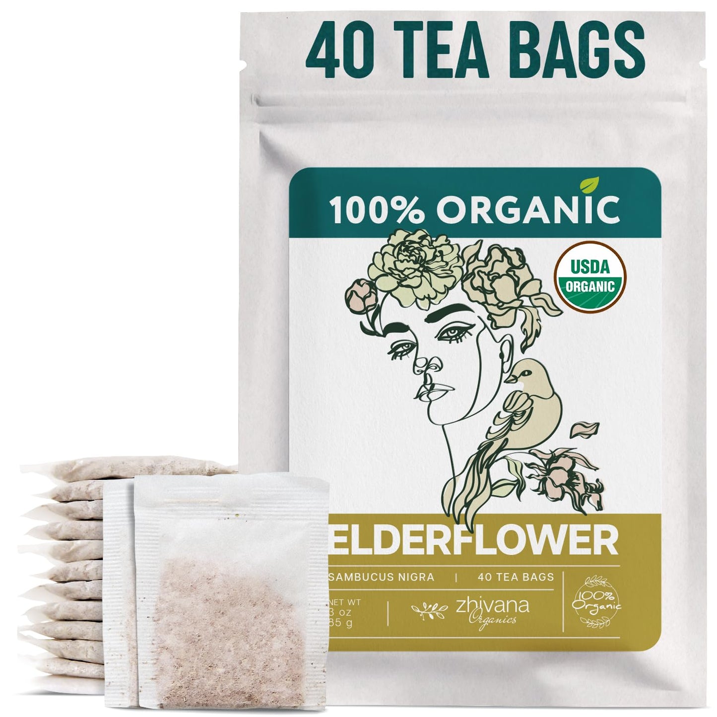 Organic Elderflower Tea (40 Tea Bags) - Elder Flowers Tea For Respiratory Health  Immunity - Herbal Teabags For Cold Weather Days - Seasonal Blend - Te De Flor De Sauco