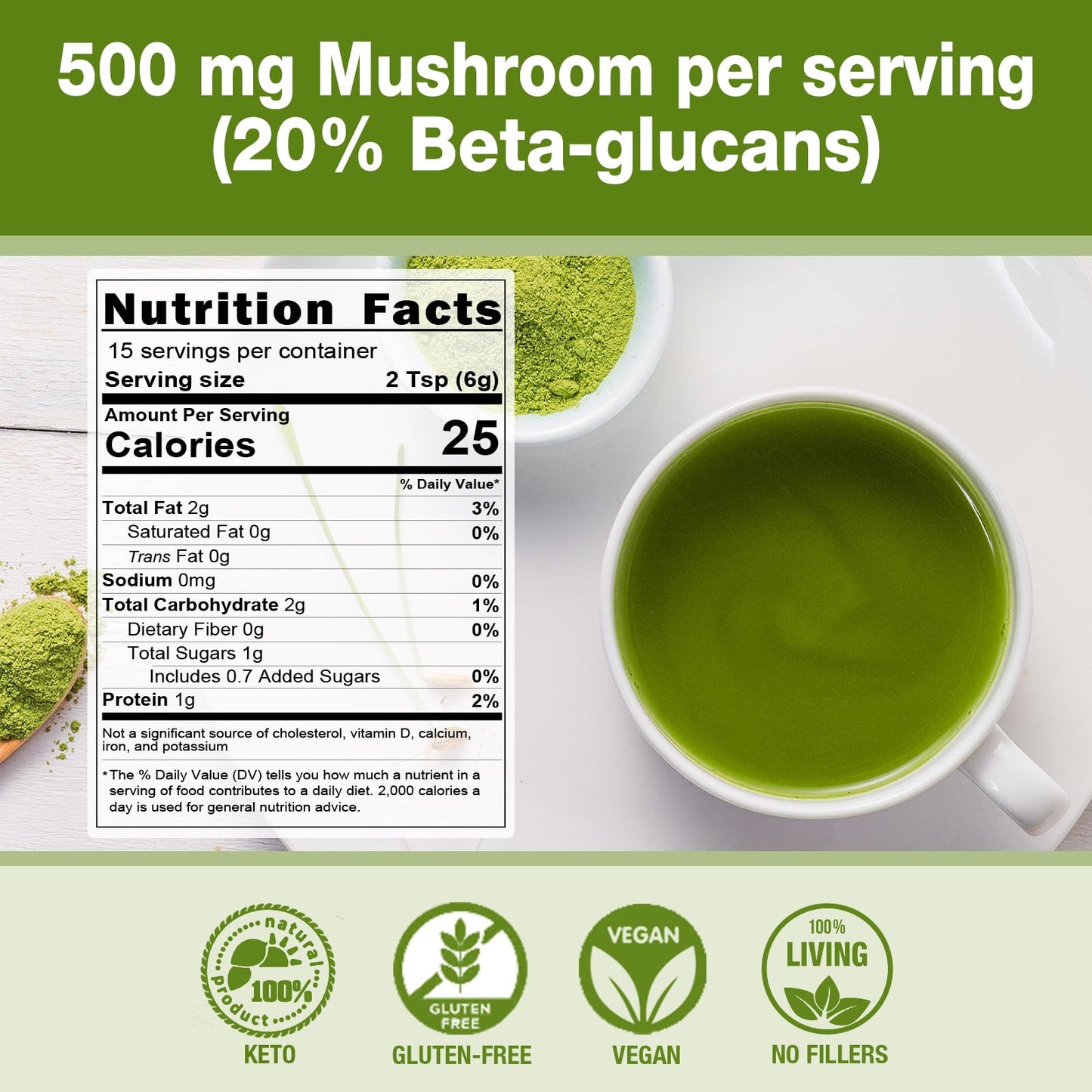 Eco-Taste Mushroom Matcha, 6 Super Mushrooms With 20% Beta-Glucan, Ceremonial Grade Matcha Latte Powder, 3.17Oz