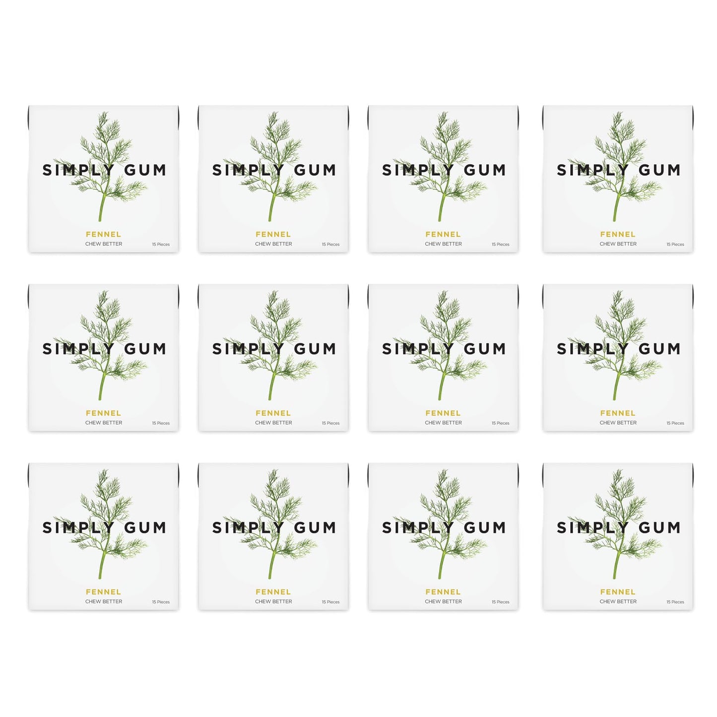 Simply Gum | Fennel | Pack of Twelve (180 Pieces Total) | Synthetic Free + Aspartame Free + non GMO