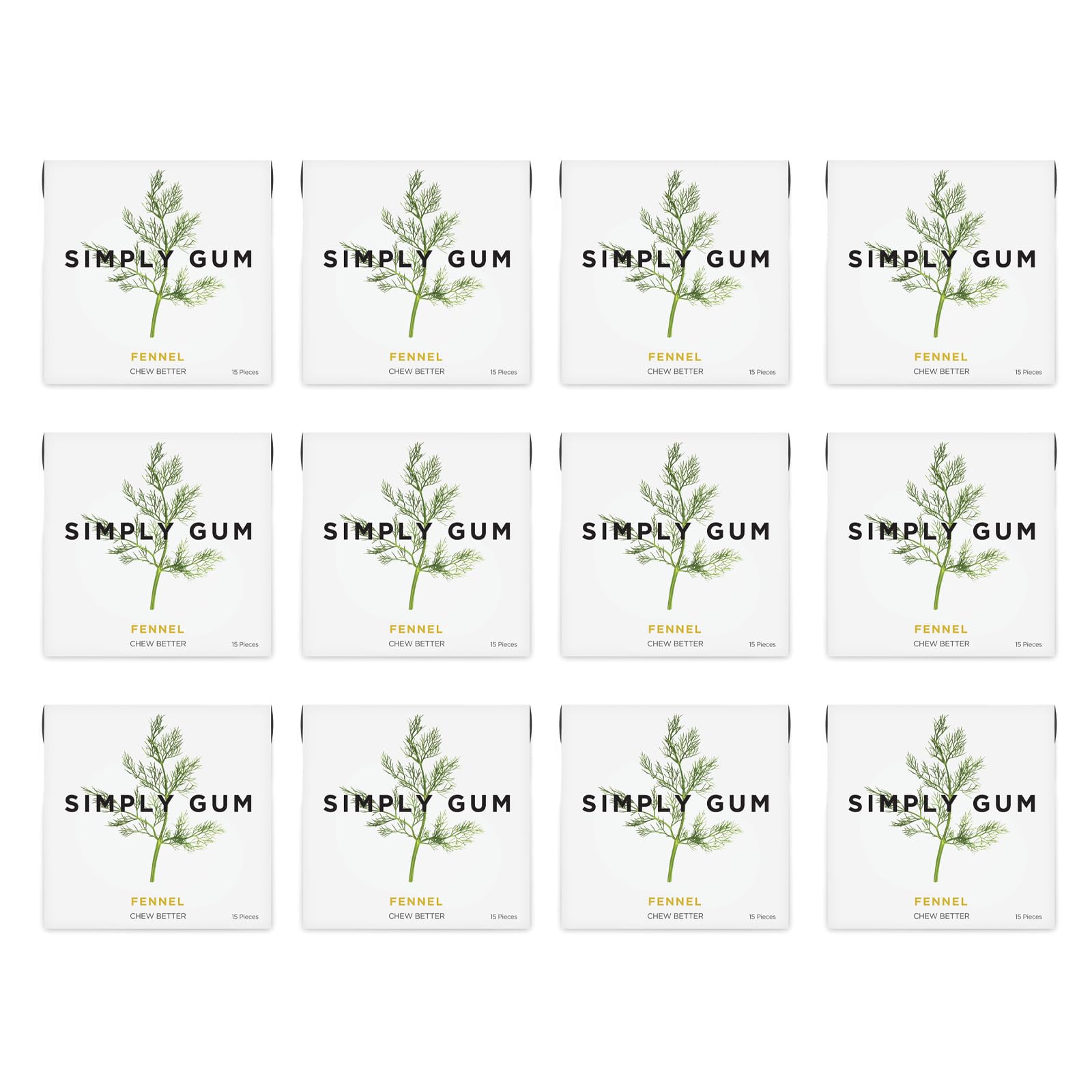 Simply Gum | Fennel | Pack of Twelve (180 Pieces Total) | Synthetic Free + Aspartame Free + non GMO