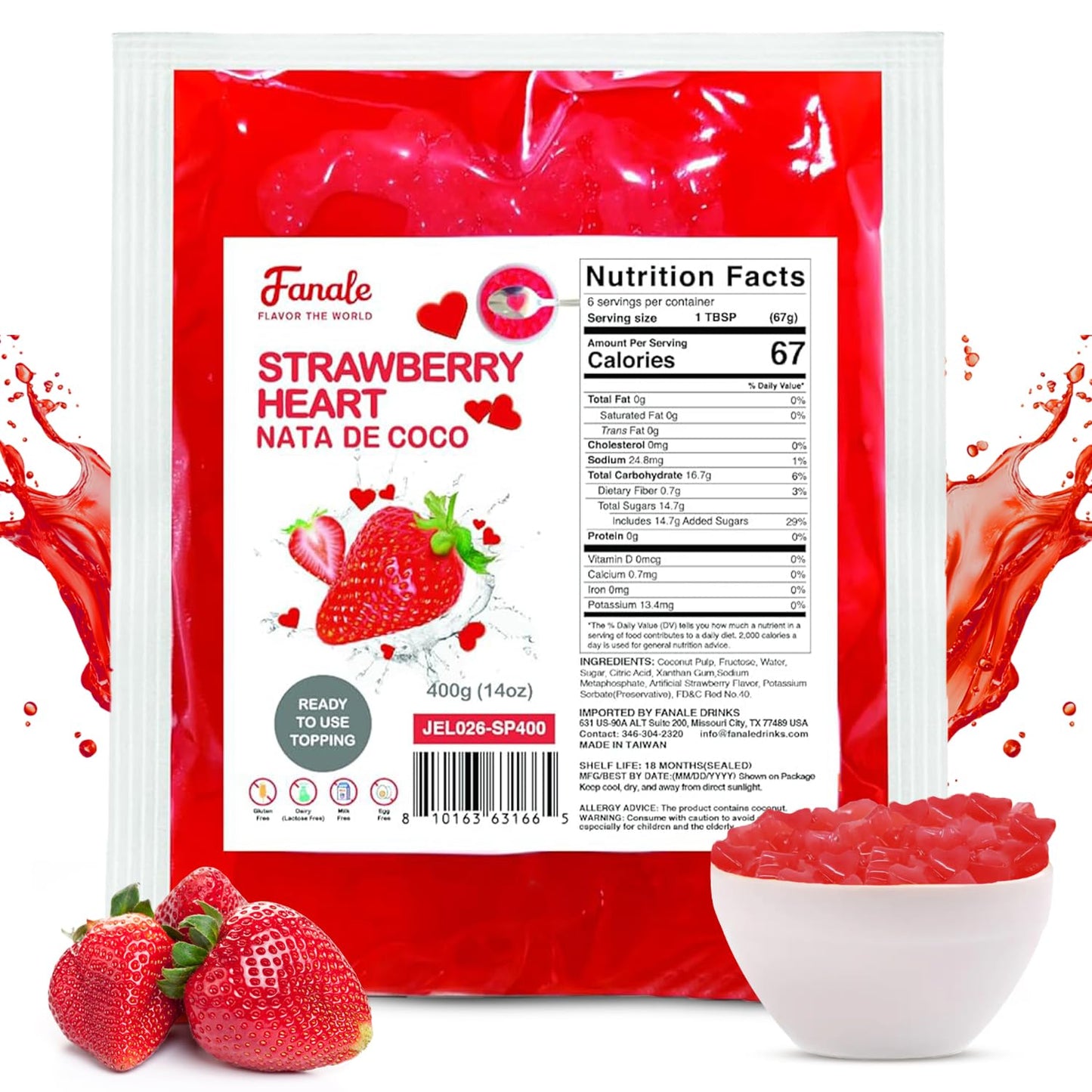 Fanale Coconut Jelly Topping for Bubble Tea - Strawberry Heart Jelly, 400g (Pack of 1)