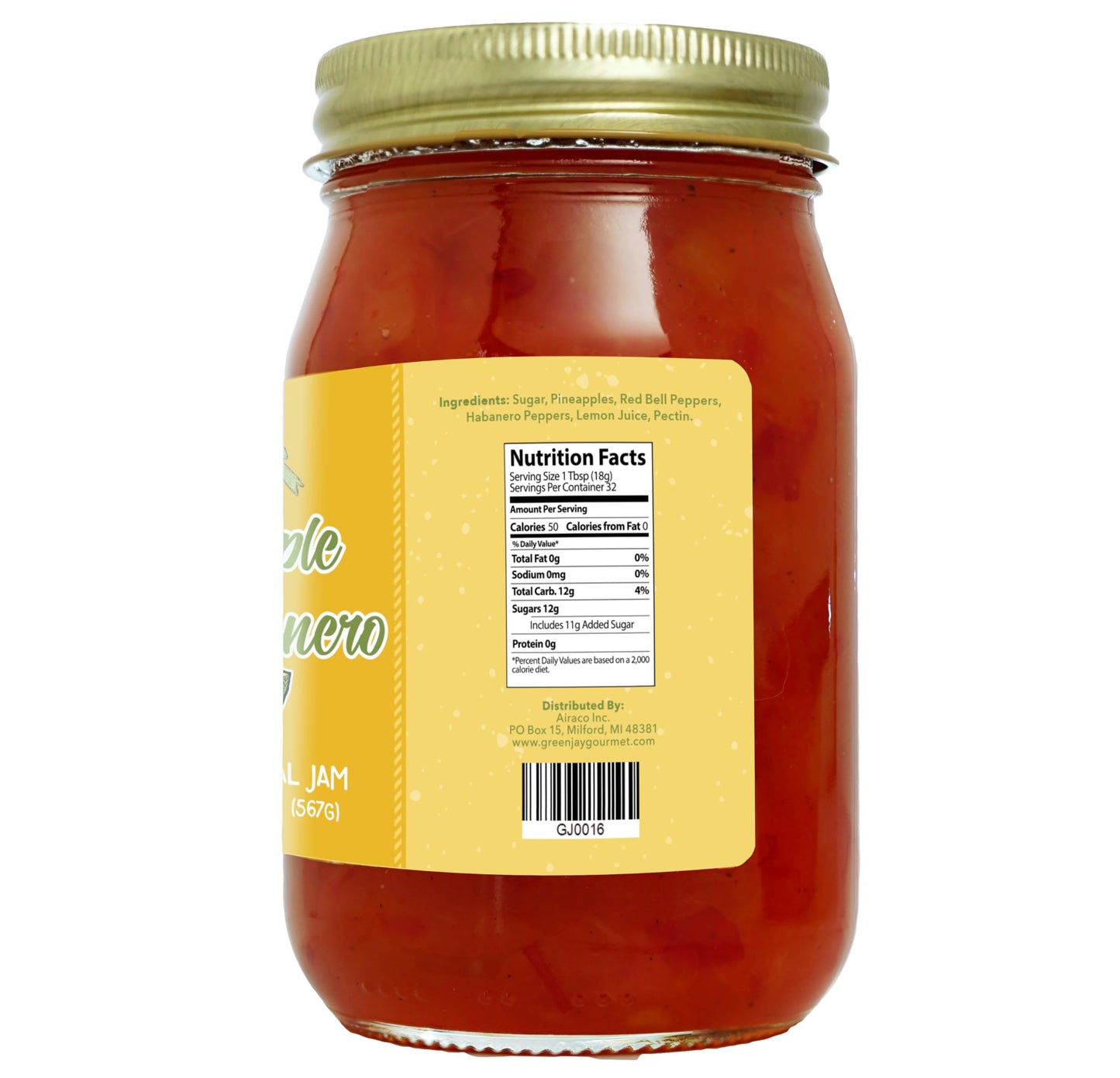 Green Jay Gourmet Pineapple Habanero Jam, All-Natural, Vegan, Gluten-Free, 20 Ounces