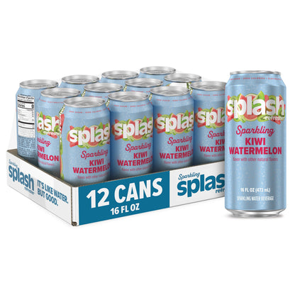 Splash Refresher Sparkling Water, Kiwi Watermelon - 12-Pack, 16 Fl Oz Cans - Flavored Carbonated Seltzer Water with Electrolytes