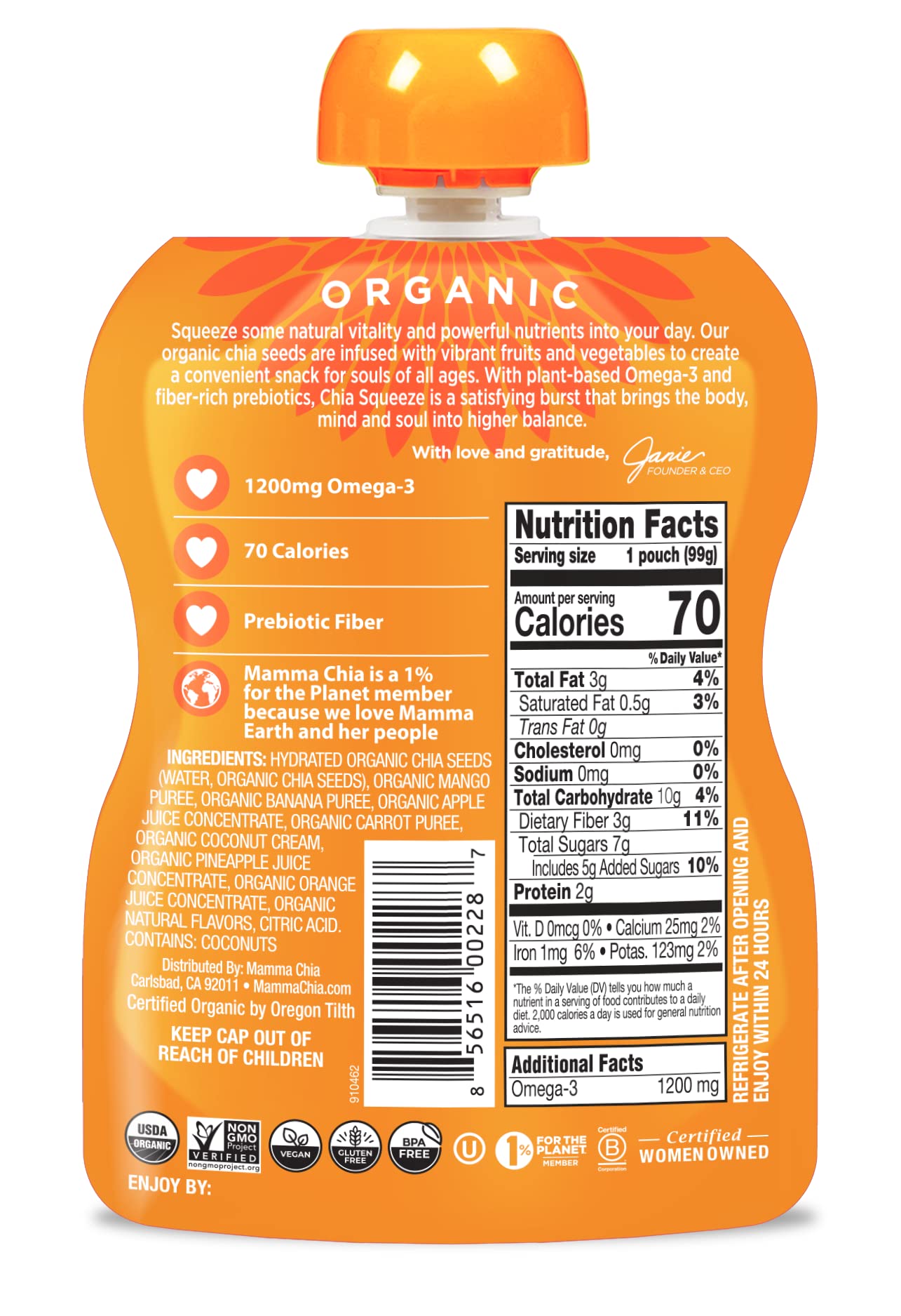 Mamma Chia Organic Vitality Squeeze Snack, Mango Coconut, 16- 3.5 Ounce Chia Vitality Snacks, Usda Organic, Non-Gmo, Vegan, Glut