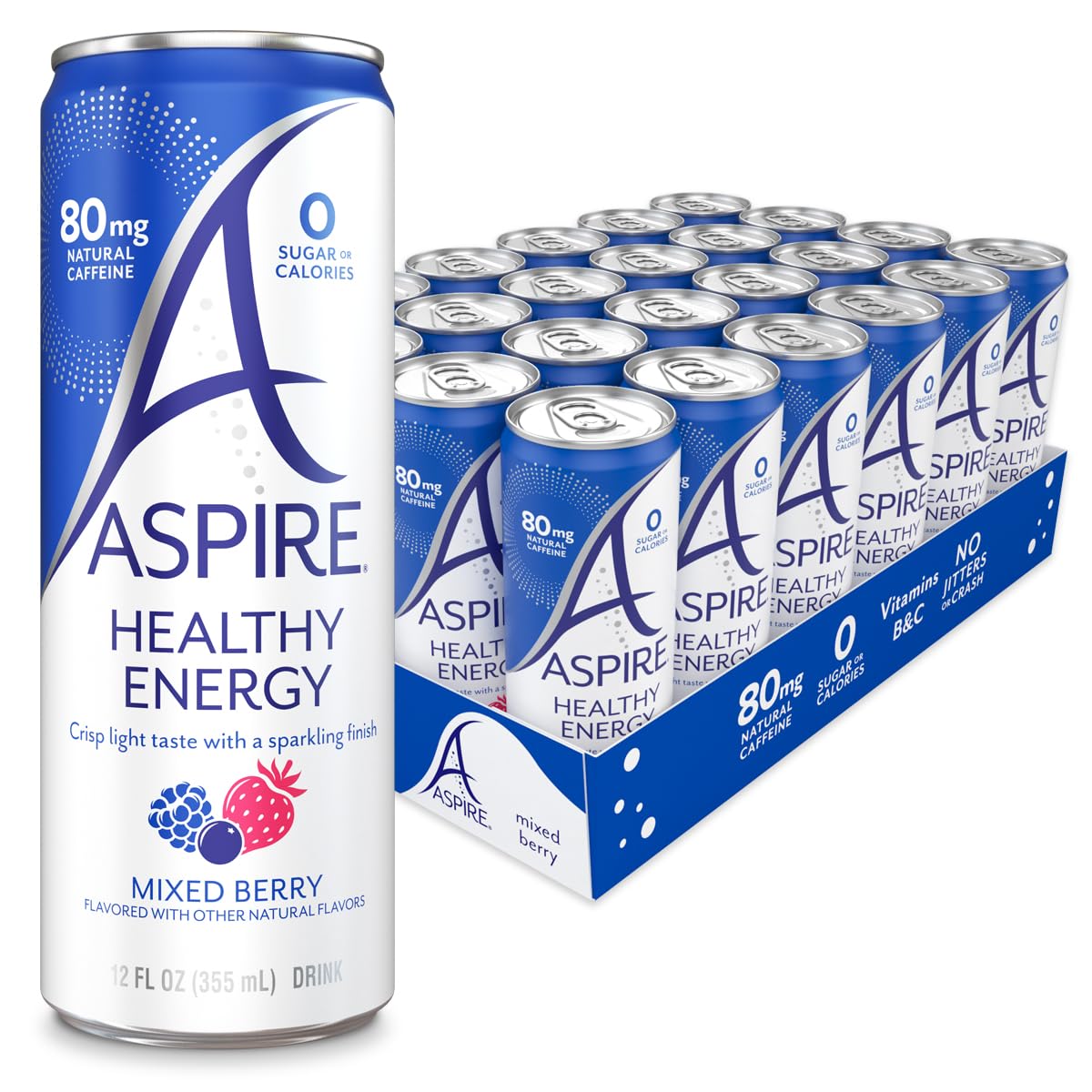 Aspire® Mixed Berry, Healthy Energy Drink 80Mg Natural Caffeine, Zero Sugar No Carbs Keto Friendly, 24 Pack Green Tea Sugar Free Drink Low Caffeine Zero Calorie