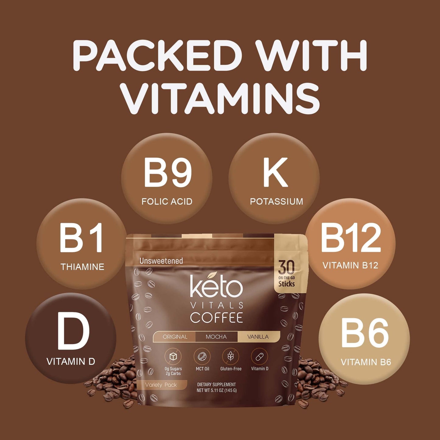 Keto Vitals Instant Keto Coffee Powder - Low-Calorie Unsweetened Instant Coffee Packets, Single Serve - Keto Coffee Instant Mix