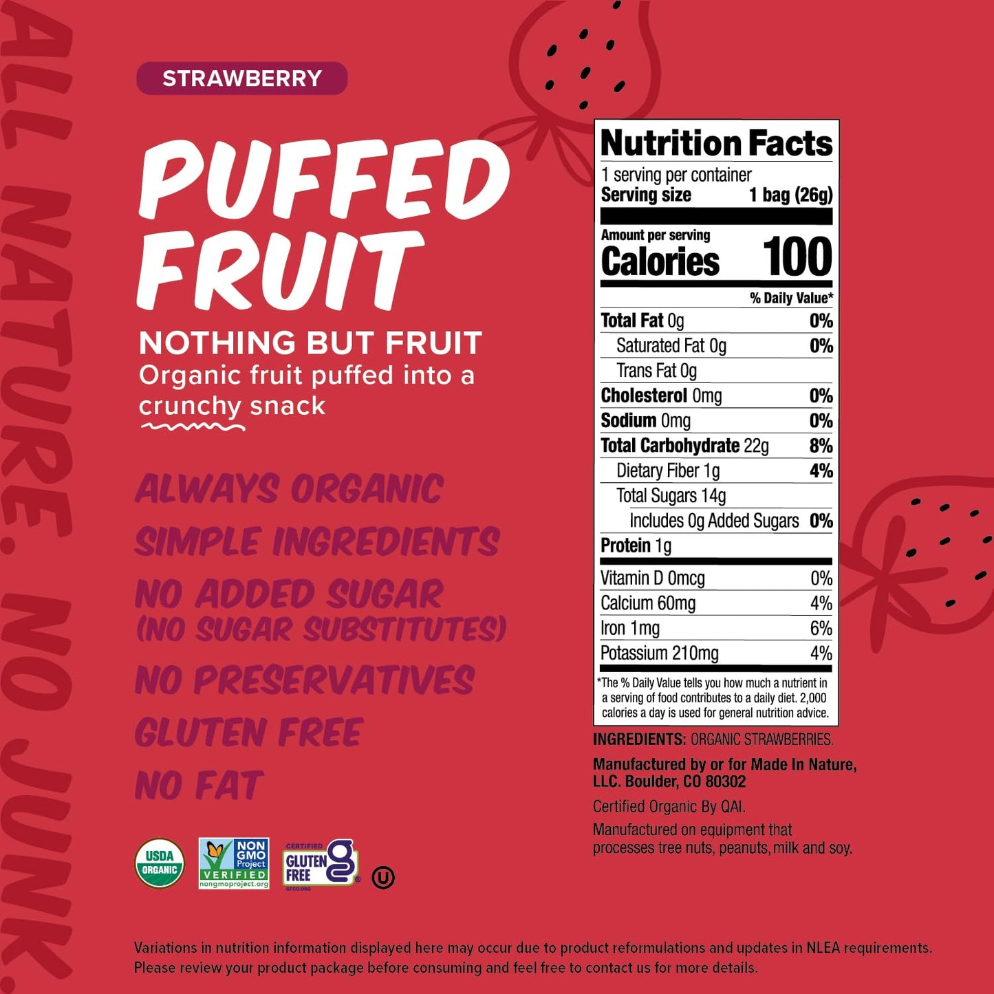 Made In Nature Organic Puffed Fruit, Strawberry, Vegan Snack, Non-GMO, Gluten Free, 0.9 Ounce Bag, Pack of 6