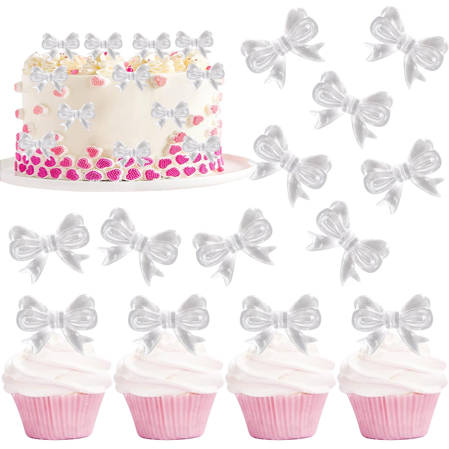 YCTHUNFISH 30 Pack Pink Bow Cupcake Toppers Paper Decorations for Bridal Shower & Birthday Party, White