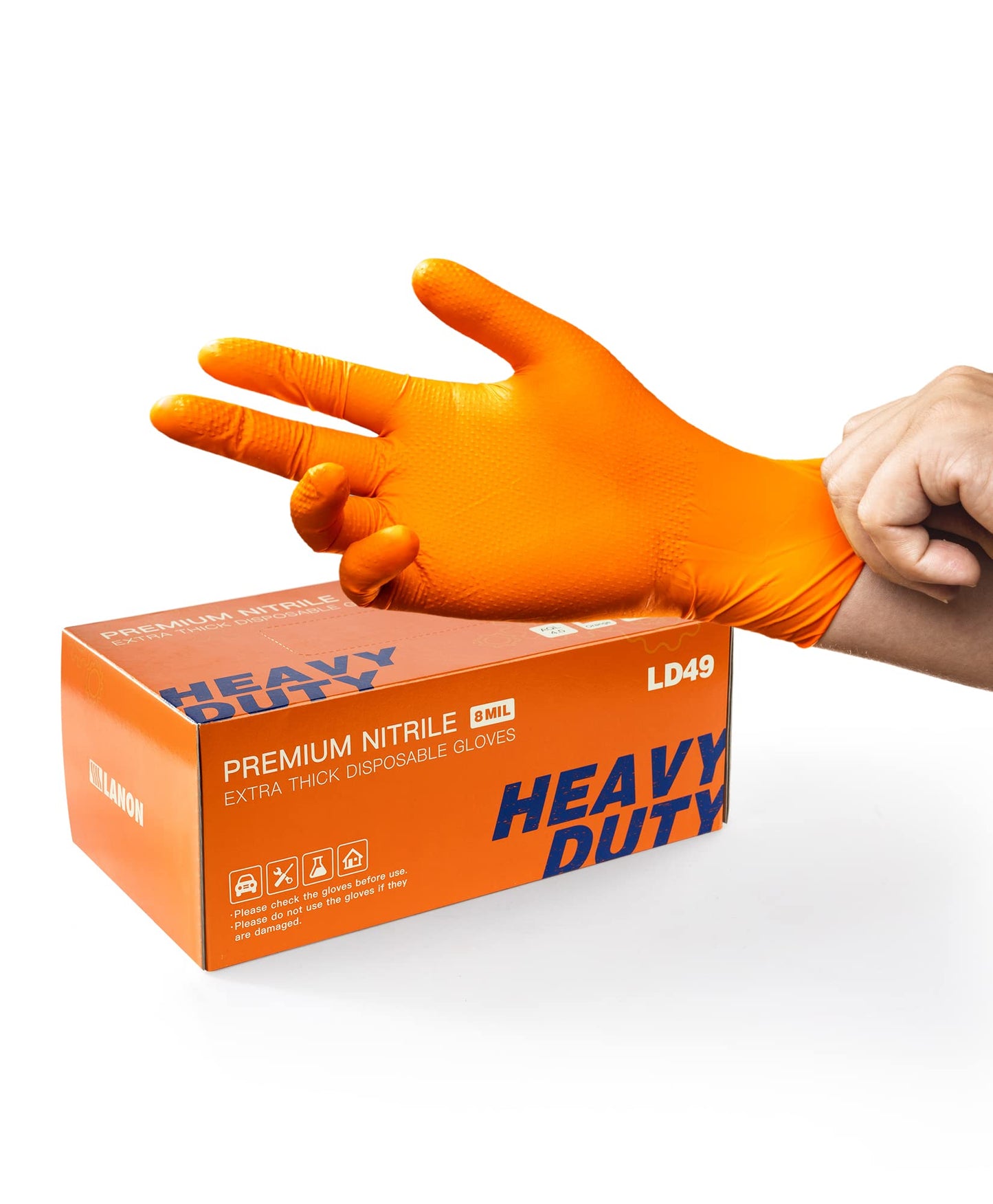 Lanon 8Mil Orange Disposable Nitrile Gloves, Mechanic, Heavy Duty, Food Safe, Latex Free, Powder Free, Fully-Diamond Textured, X