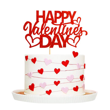 Ercadio 1 Pack Happy Valentine'S Day Cake Topper With Love Heart Red Glitter Cake Pick Valentine'S Day Theme Party Cake Decorati