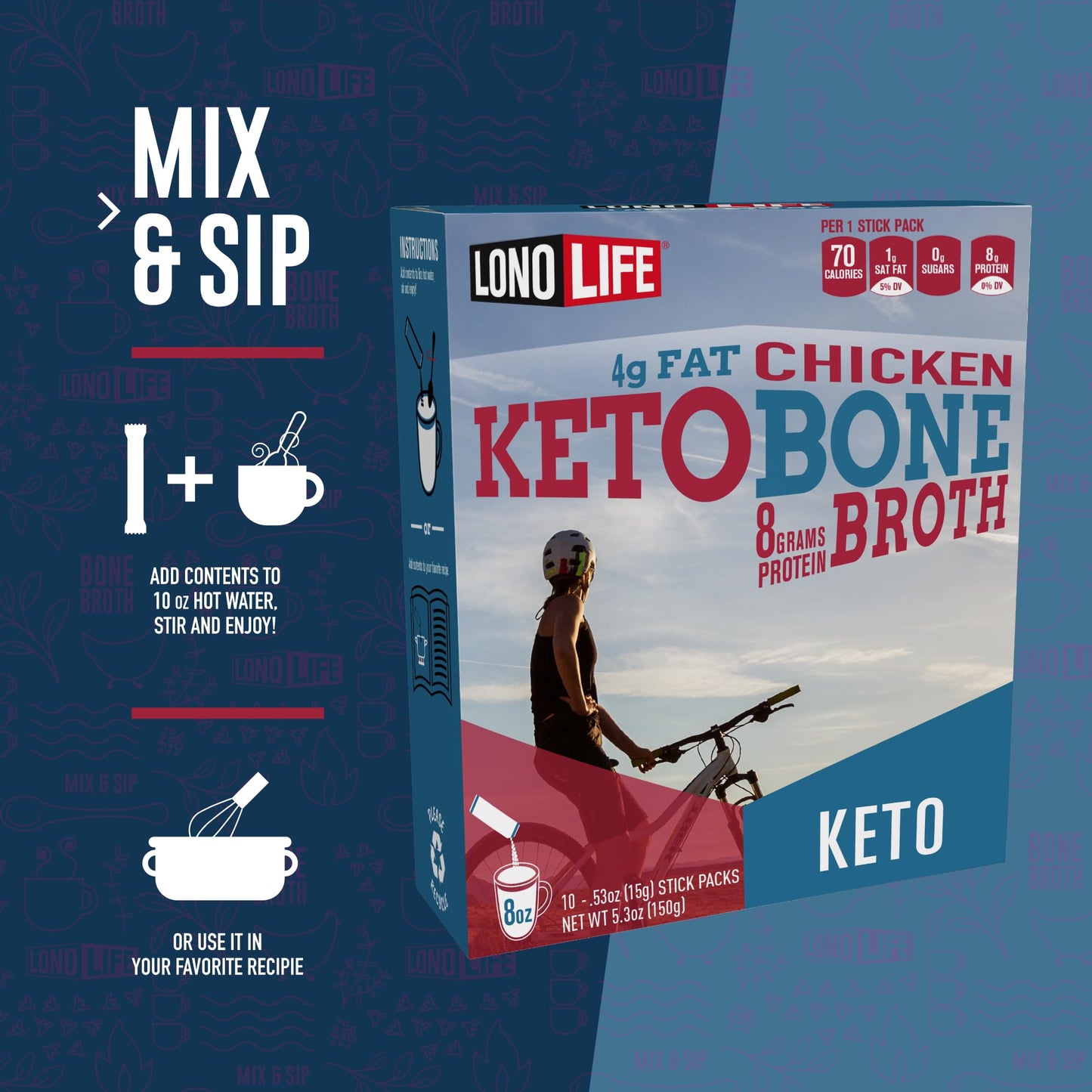 LonoLife Keto Chicken Bone Broth Powder Mix | 10g Protein | Collagen-Rich, Keto & Paleo Friendly | Natural Ingredients | 10 Port