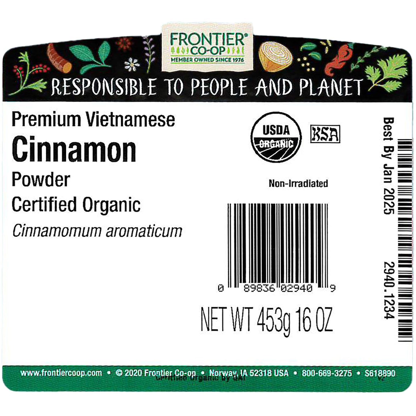 Frontier Co-Op Cinnamon Ground Vietnamese Premium Certified Organic Kosher Non-Irradiated  1 Lb. Bulk Bag  Cinnamomum Aromaticum