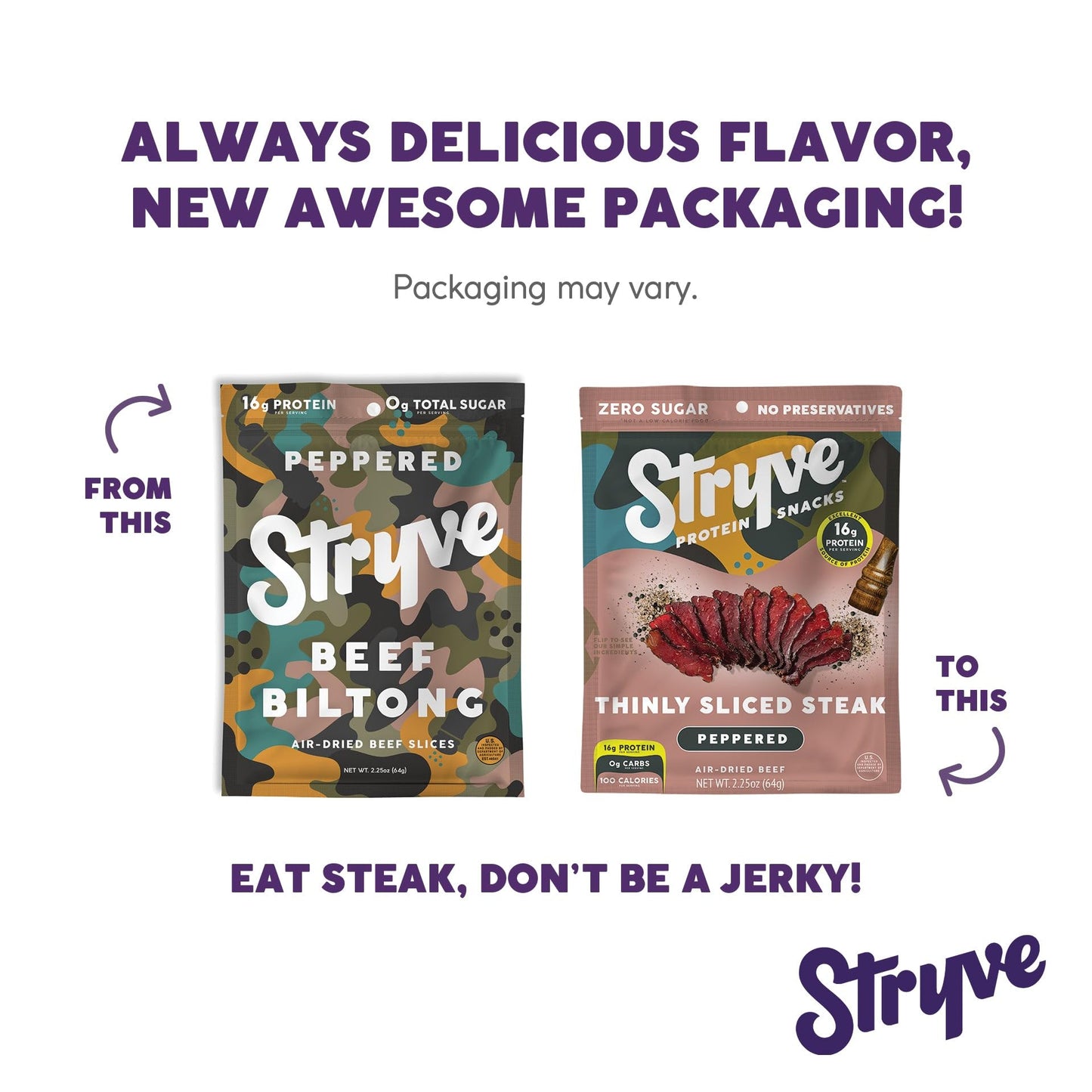 Stryve - Better Than Jerky Steak Snacks Protein Rich, Beef Biltong | 36G Protein, Sugar Free, Carbs Free, Gluten Free, Dairy Fre