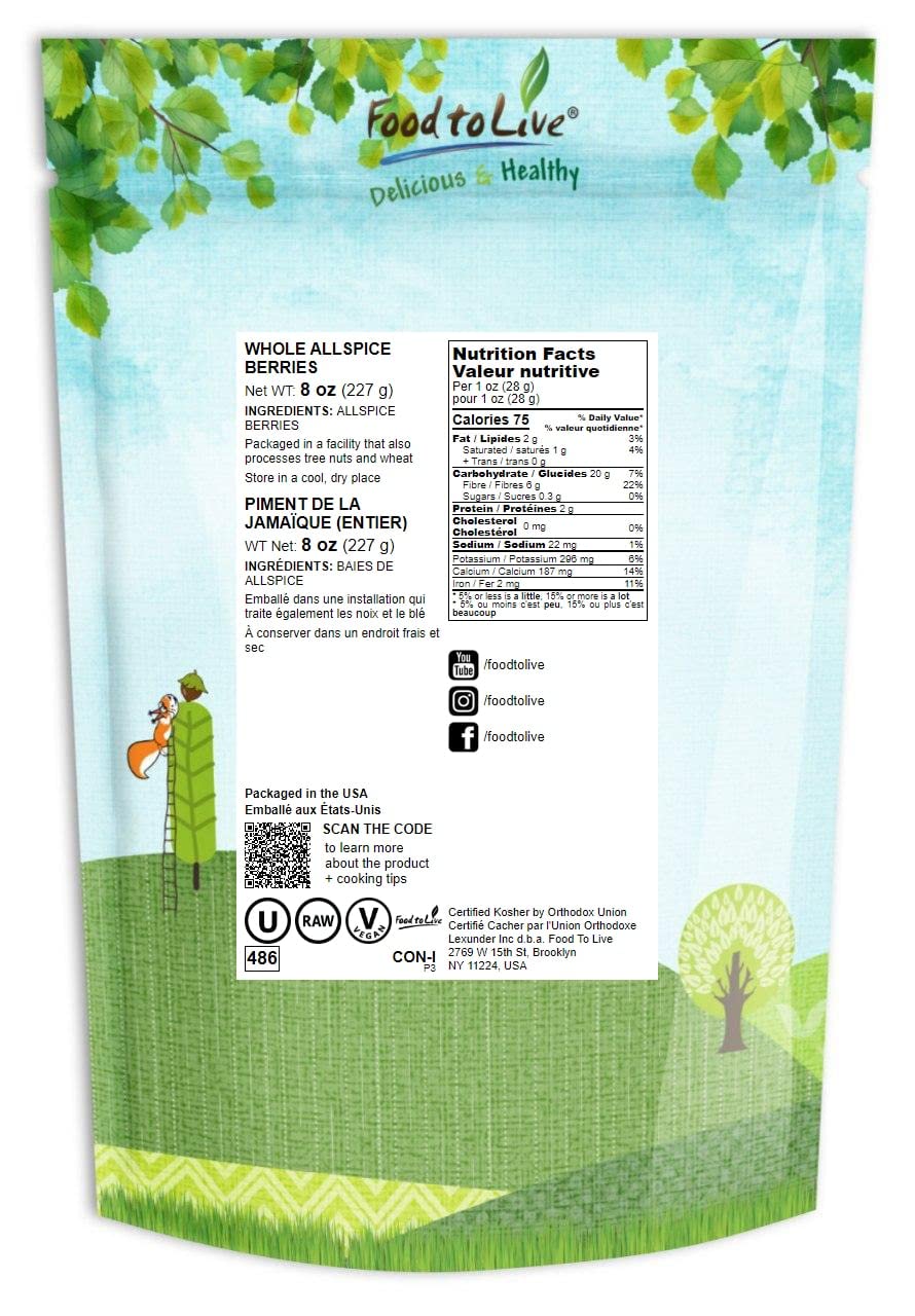 Food To Live Whole Allspice Berries, 8 Ounce - Jamaican Pepper, Vegan, Kosher, Bulk. High In Fiber, Calcium. Great For Spicing,