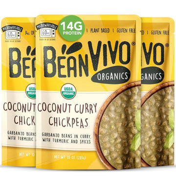 BeanVIVO (Pack of 3) Organics Plant based Coconut Curry Chickpeas - Good Source of Fiber - Nutritious & Microwave Meals - Gluten