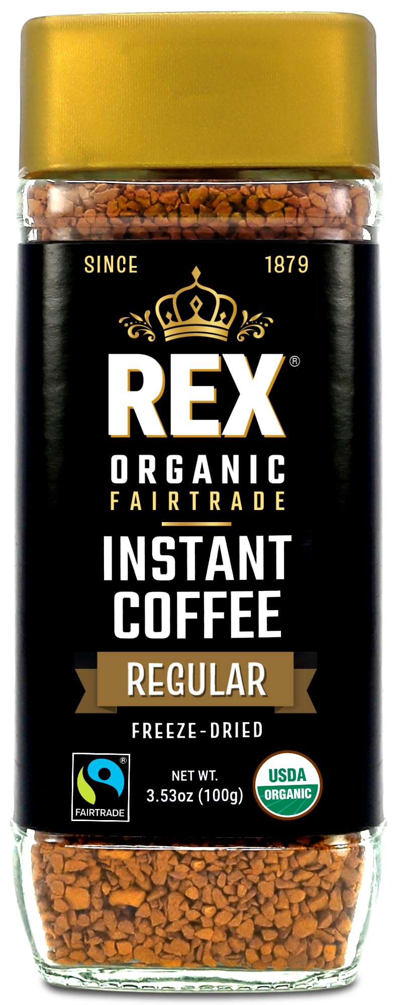 Rex Organic Fairtrade Freeze-Dried Instant Coffee - Medium Roast Arabica, 3.53 oz Glass Jar - USDA Organic & Fairtrade Certified