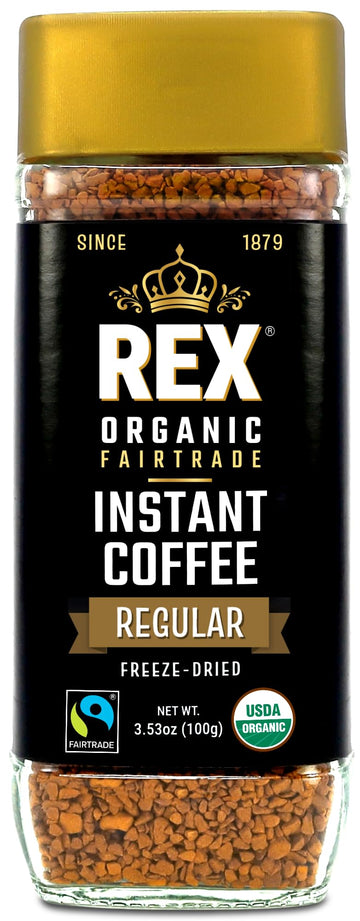 Rex Organic Fairtrade Freeze-Dried Instant Coffee - Medium Roast Arabica, 3.53 oz Glass Jar - USDA Organic & Fairtrade Certified