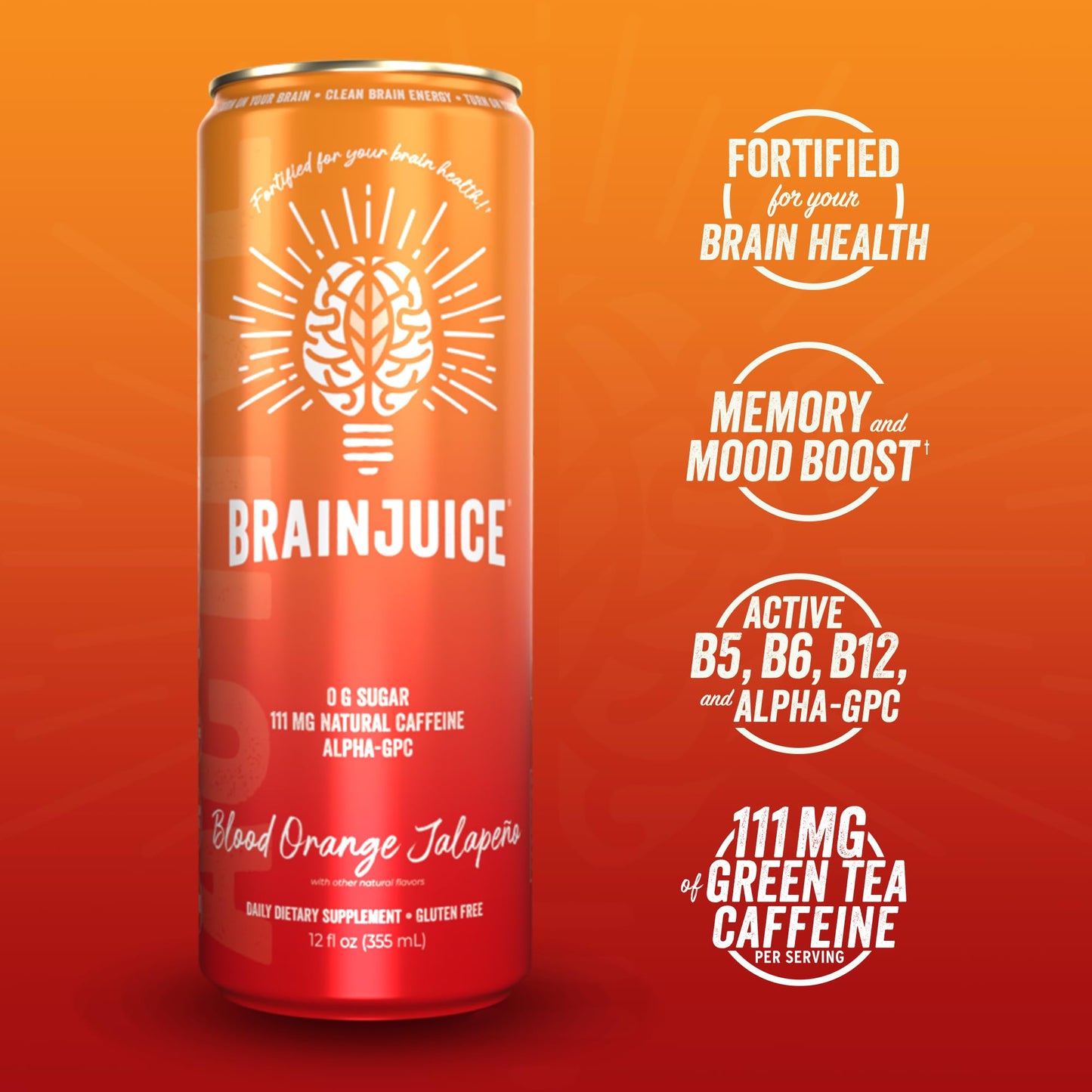 BrainJuice Brain Health Support Drink, Vegan, Gluten Free, Blood Orange Jalapeno, 12 Oz Can, 6 Pack