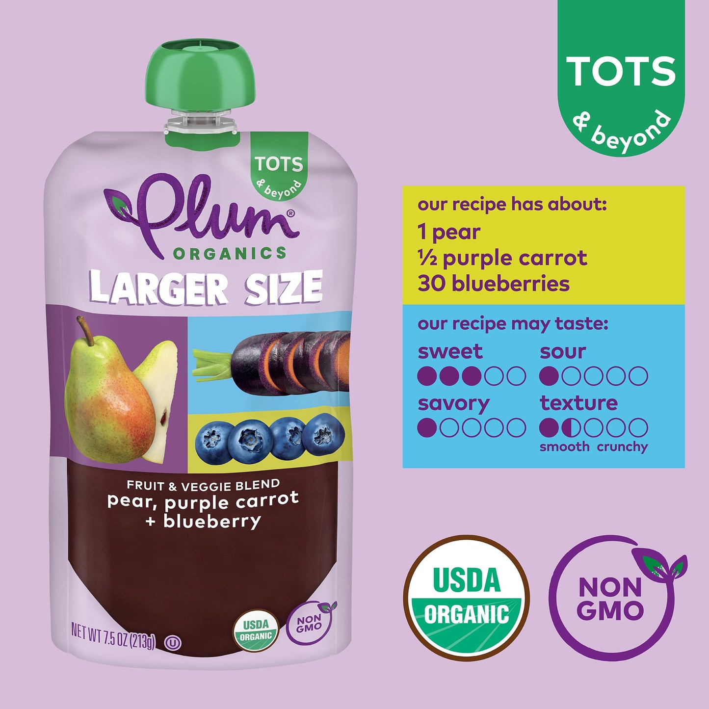Plum Organics Tots & Beyond Pear Purple Carrot & Blueberry Fruit & Veggie Blend, Kosher, Usda Certified Organic, Non-Gmo, 7.5 Ou