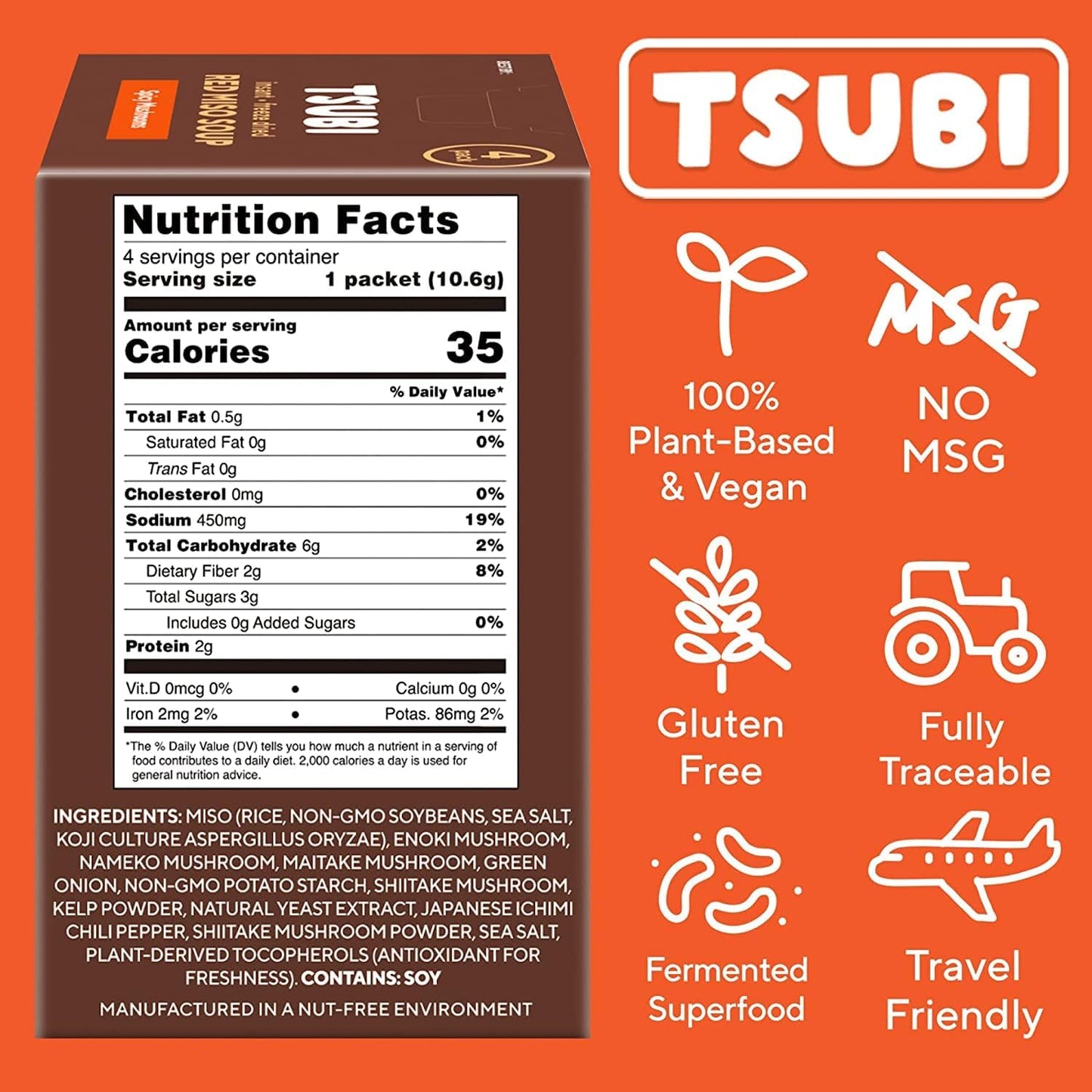 Tsubi Soup Freeze-Dried Japanese Miso Soup Packets, Vegan, Gluten-Free, Spicy Mushroom, 4 Packs, Instant, Easy Mix