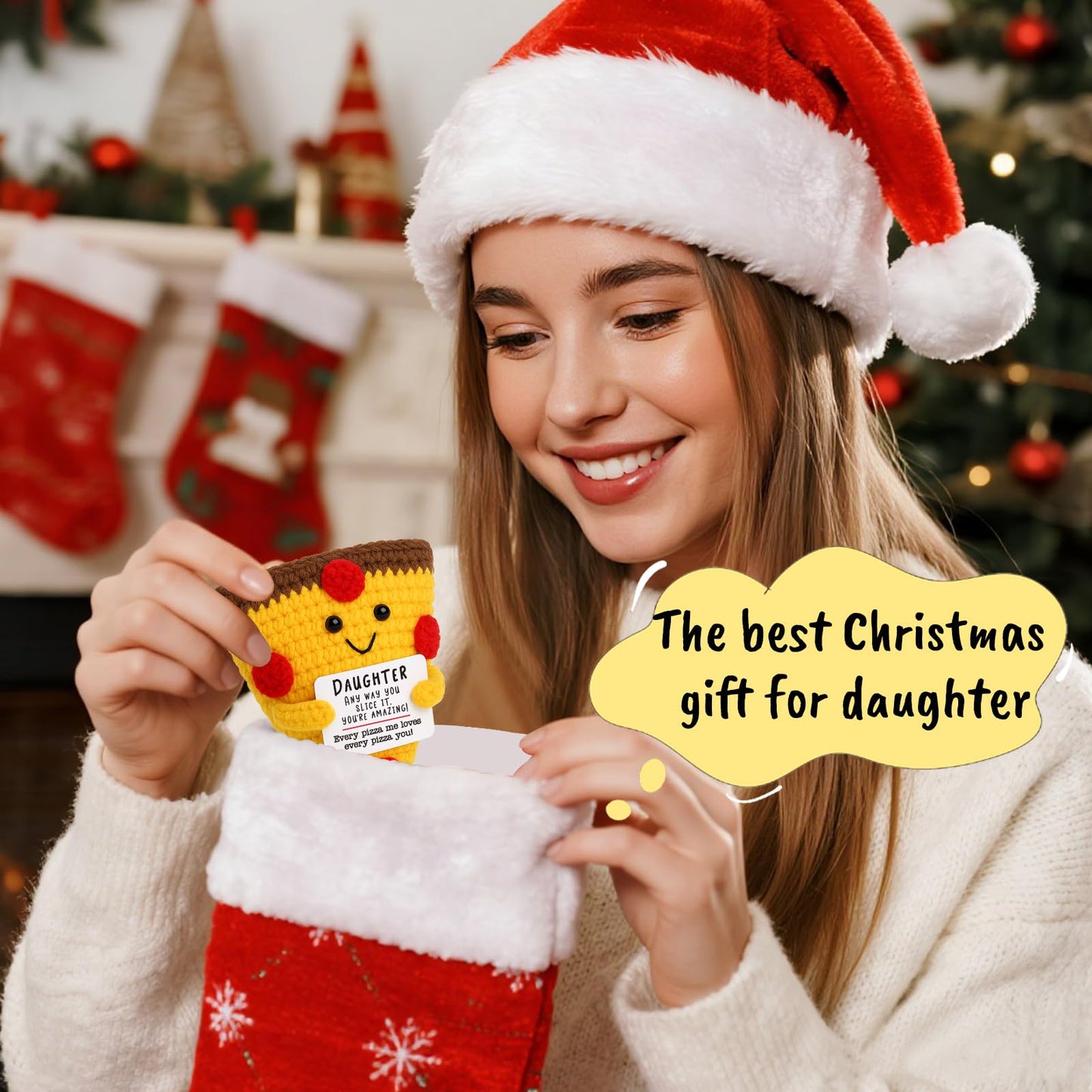Mini Christmas Daughter Gifts from Mom Dad Cute Handmade Crochet Pizza for Motivational Encouragement Inspirational Christmas Bi