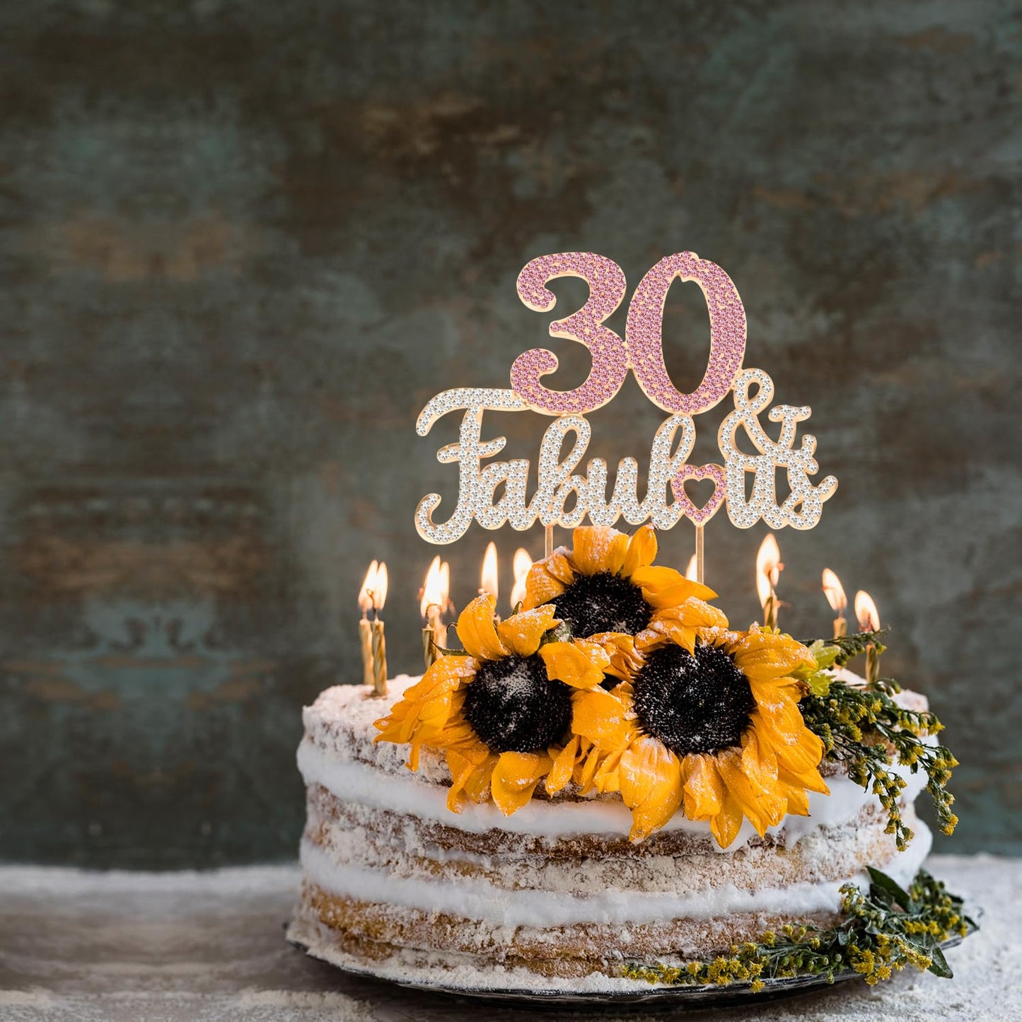 Laskyer 30 & Fabulous Gold & Pink Rhinestone Cake Topper - Happy 30Th Birthday Cheers To Thirty Years Old Bday Party Metal Spark