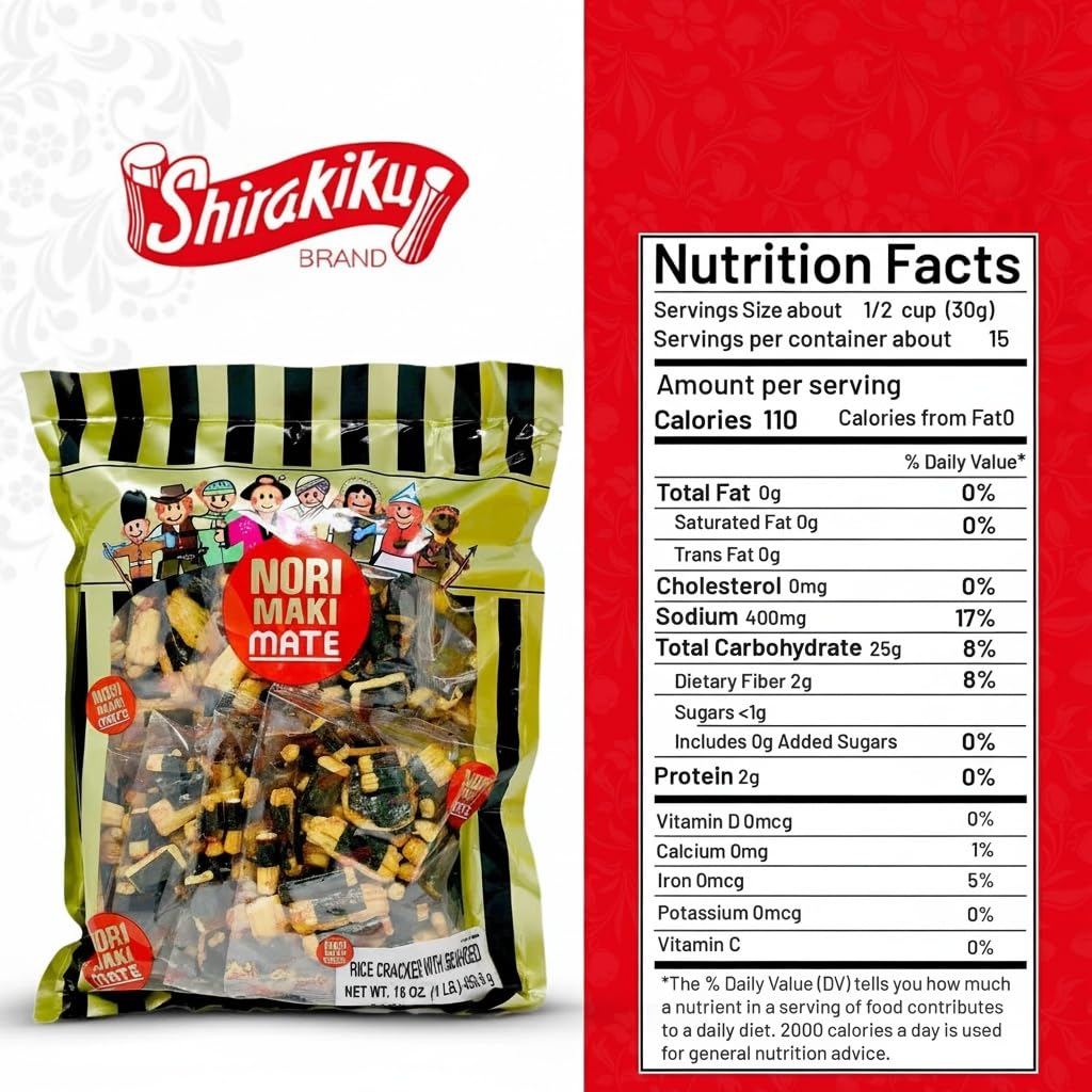 Shirakiku Norimaki Arare Mate - Crispy Rice  er Snacks, Sea  Flavor, 16 Oz, Low Carb, Pack of 1