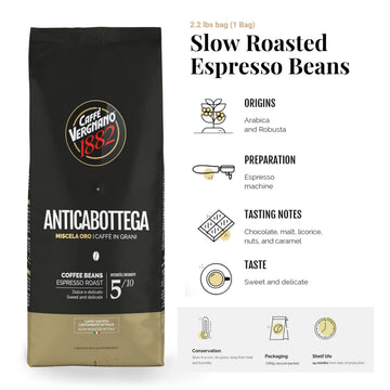 Caffe Vergnano 1882 Antica Bottega Whole Bean Arabica Medium Roast Espresso, 2.2 Lbs Bag - Italian Coffee Beans With Notes Of Ch