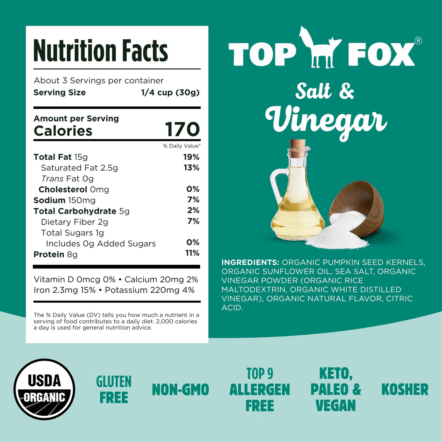 TOP FOX Organic Pop-Roasted Pumpkin Seeds, Salt & Vinegar, 3.5 oz (6 Pack), Gluten Free, Keto & Vegan Friendly Snacks