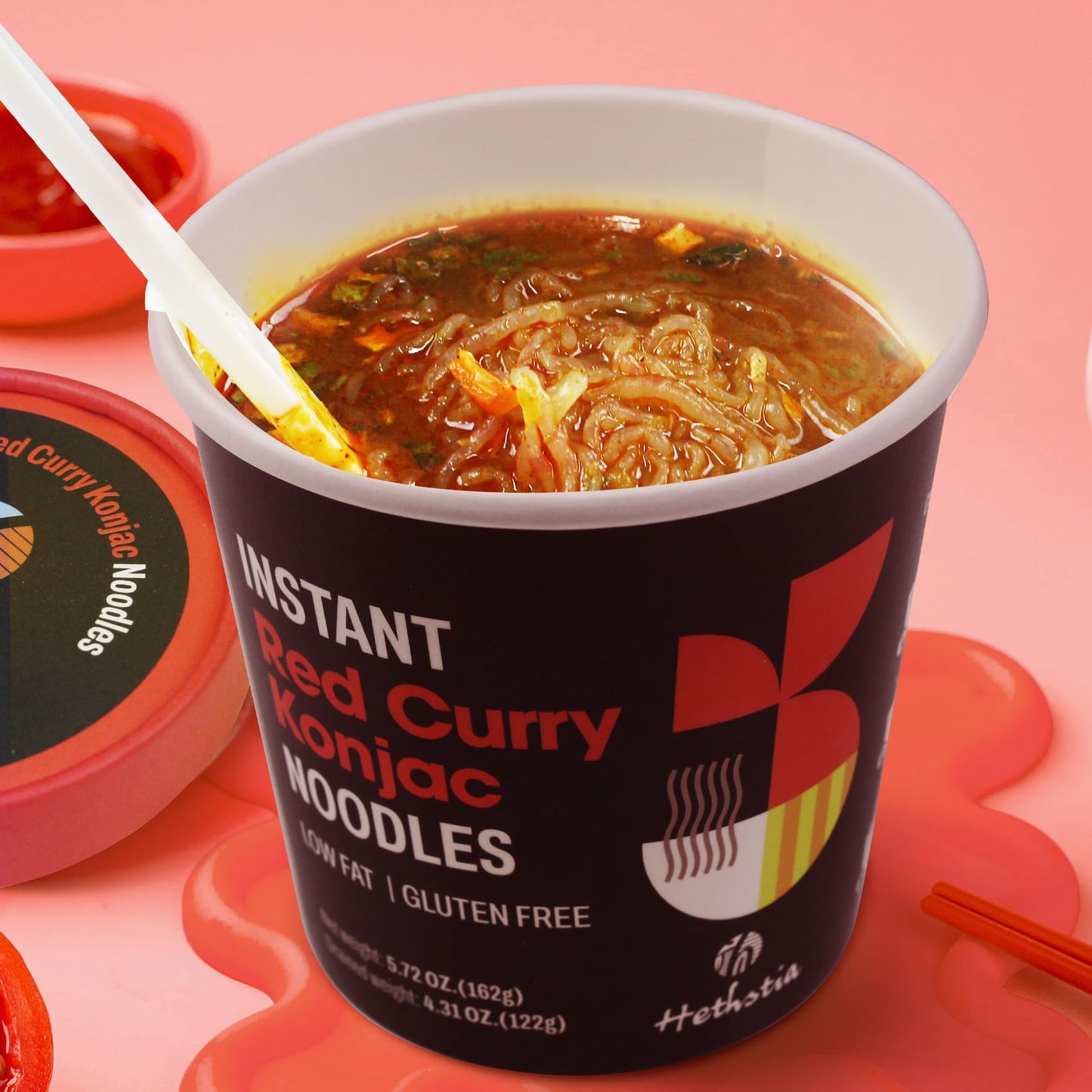 Hethstia Konjac Noodles Red Curry Cup - 6 Pack Low Carb Shirataki Angel Hair Pasta, Instant Shirataki Noodle Spicy Red Curry Bro