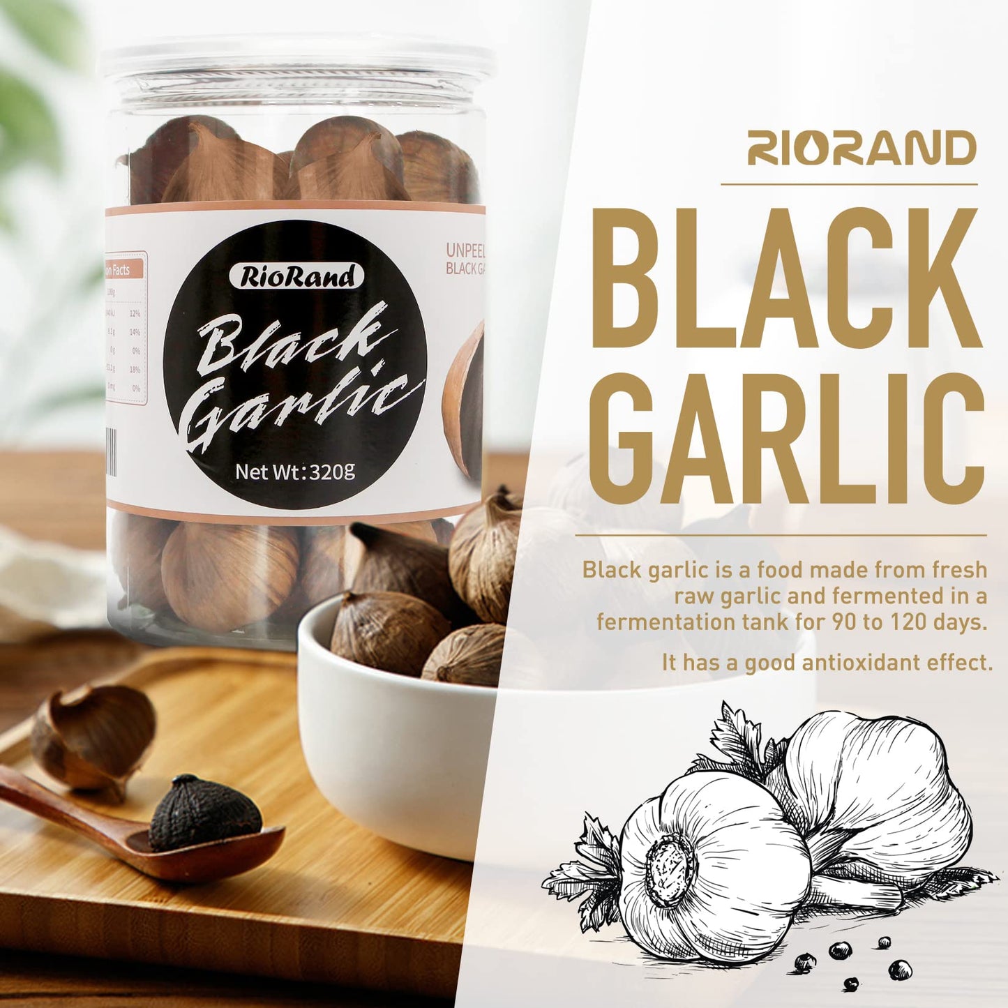 Riorand Black Garlic 320G Whole Black Garlic Aged For Full 90 Days Black Garlic Jar 0.7 Pounds
