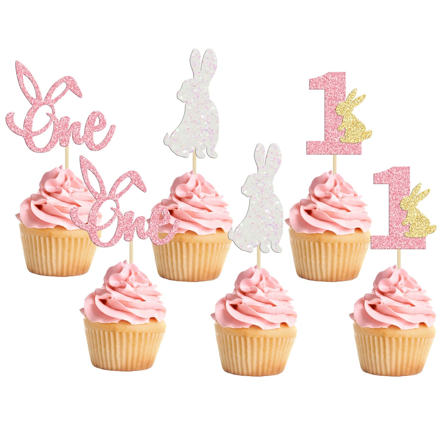 24Pcs Easter Bunny One Cupcake Toppers Some Bunny Is One Birthday Decorations Pink Glitter Easter Cake Decorations Bunny Easter