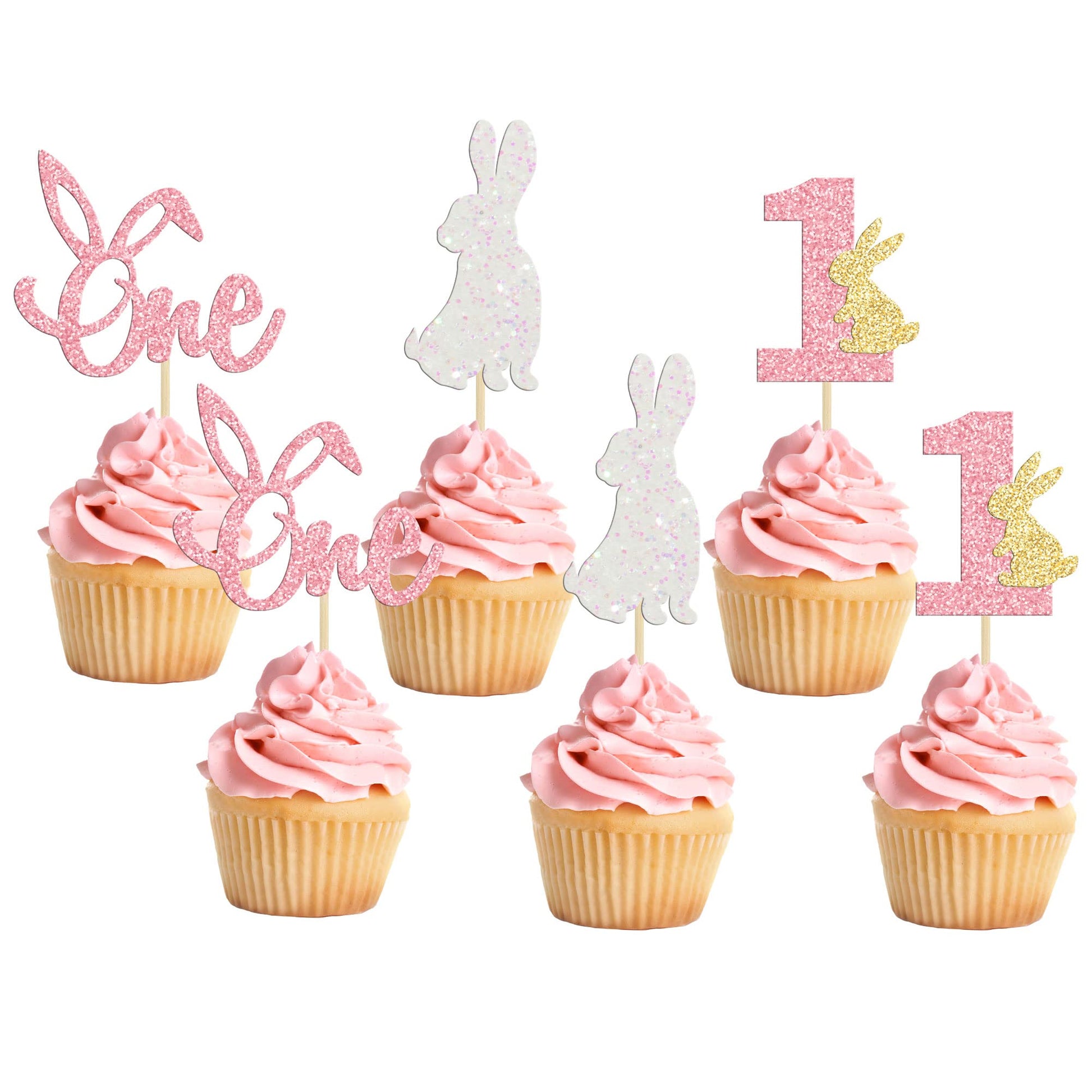24Pcs Easter Bunny One Cupcake Toppers Some Bunny Is One Birthday Decorations Pink Glitter Easter Cake Decorations Bunny Easter