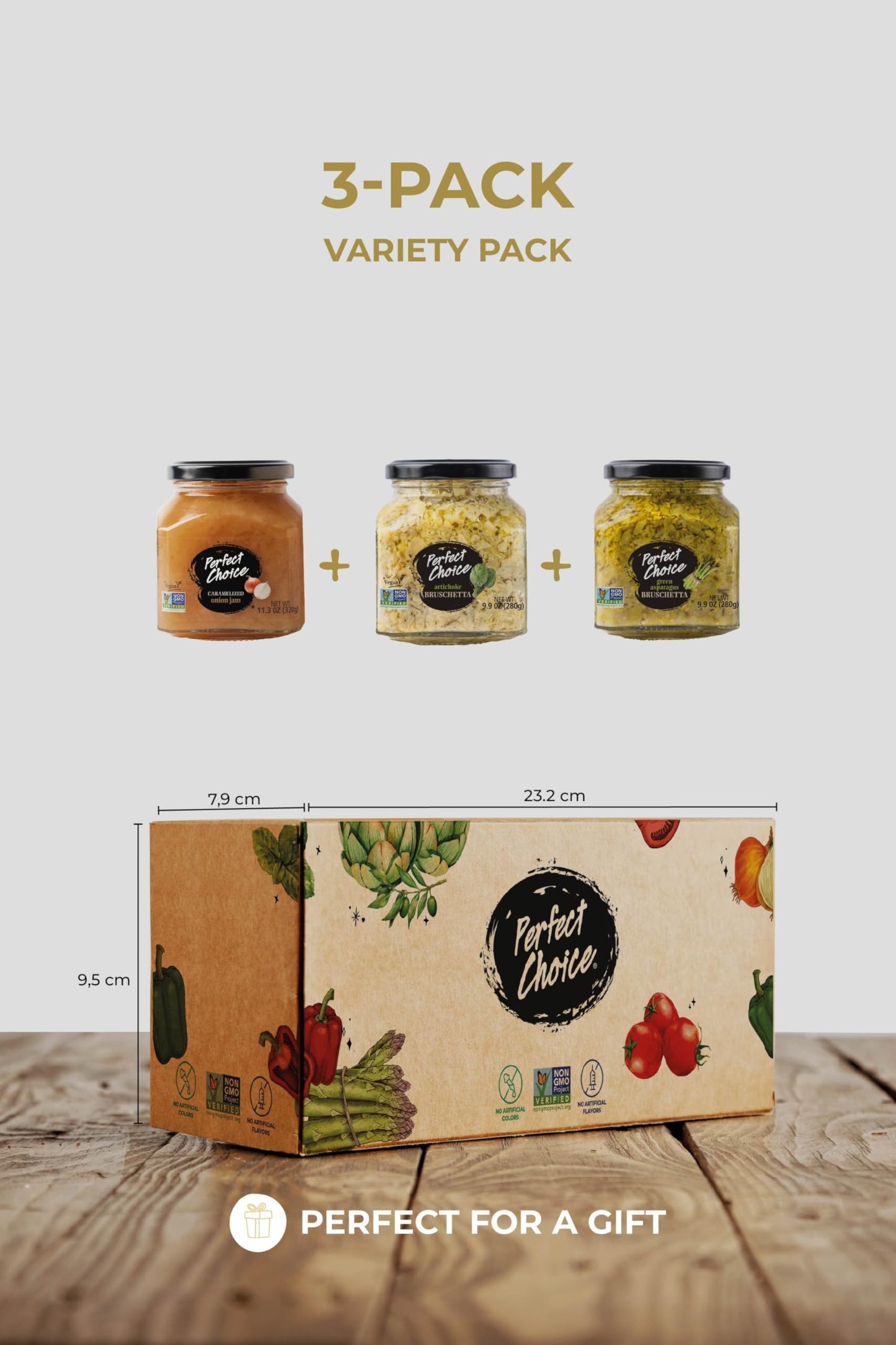 Perfect Choice Variety Pack with Delicious Artichoke Bruschetta, Green Asparagus Bruschetta & Caramelized Onion - Ready-to-eat S