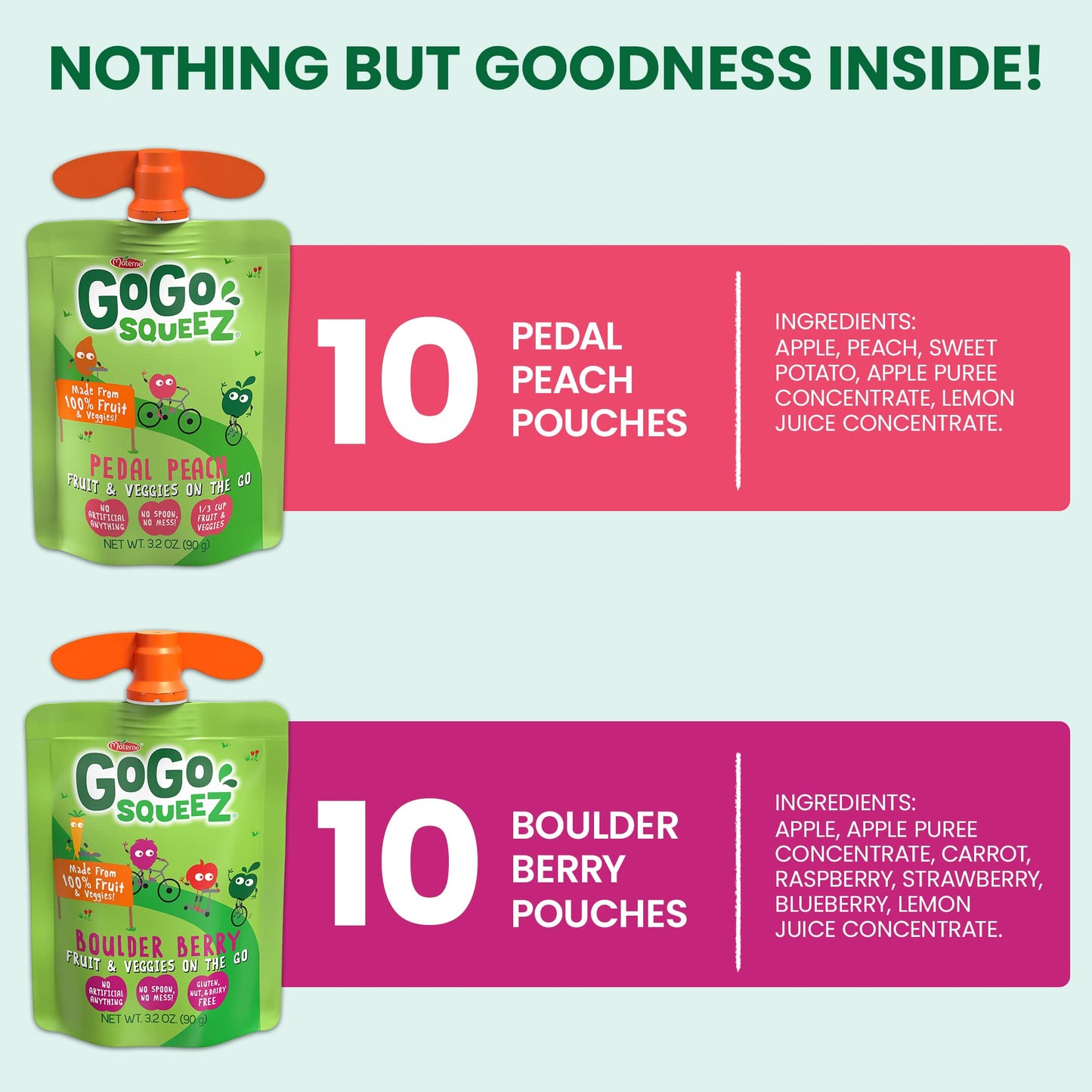 Gogo Squeez Fruit & Veggiez Variety Pack, Pedal Peach And Boulder Berry, 3.2 Oz (Pack Of 20), Unsweetened Snacks For Kids, Glute