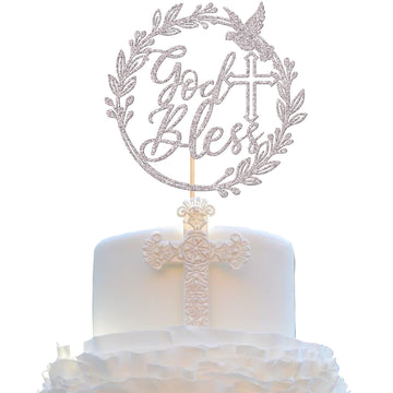 1 Pcs God Bless And Cross Cake Topper Glitter Dove Cake Pick First Holy Communion Cake Decoration For Christening Religious Bapt