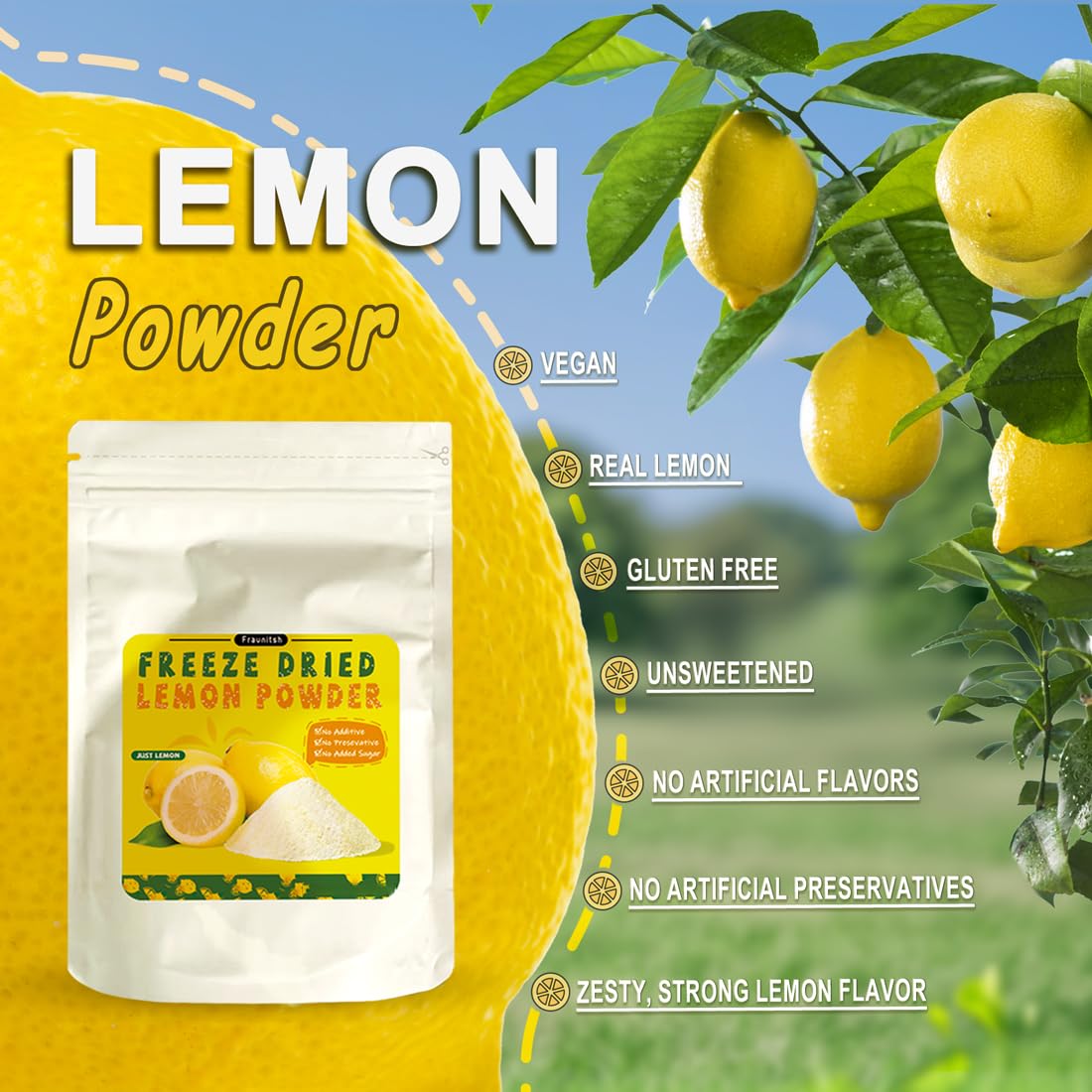 Fraunitsh Freeze Dried Lemon Powder 3.52Oz | Refreshing Lemon Juice Powder | Natural Fruit Powder For Drinks, Smoothies, Cooking