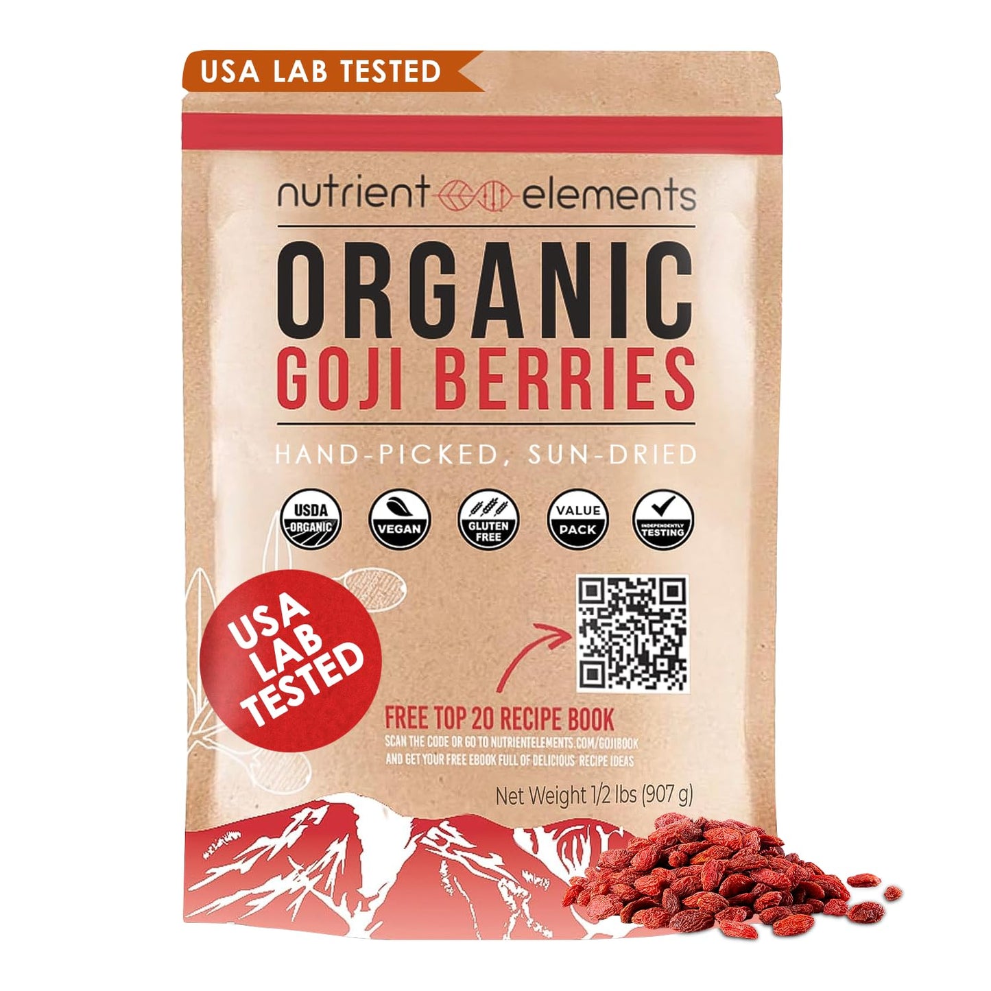 Nutrient Elements Goji Berries - 0.5 Lb/8 Oz. Certified Usda Organic, Raw, Sun-Dried, Hand-Picked, Usa Lab Tested - Resealable Bag - Extra Large Size Berries - No Additives - Free Recipe Book