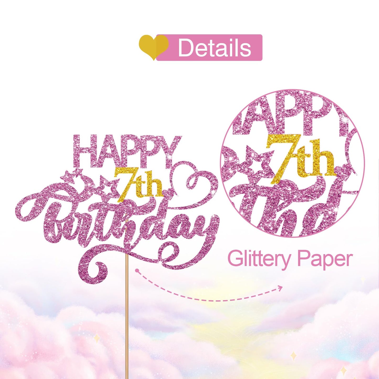 Pink Glitter Happy 7Th Birthday Cake Topper, Seven Years Old Birthday Party Cake Decor, Gold Number 7 Birthday Party Supplies De