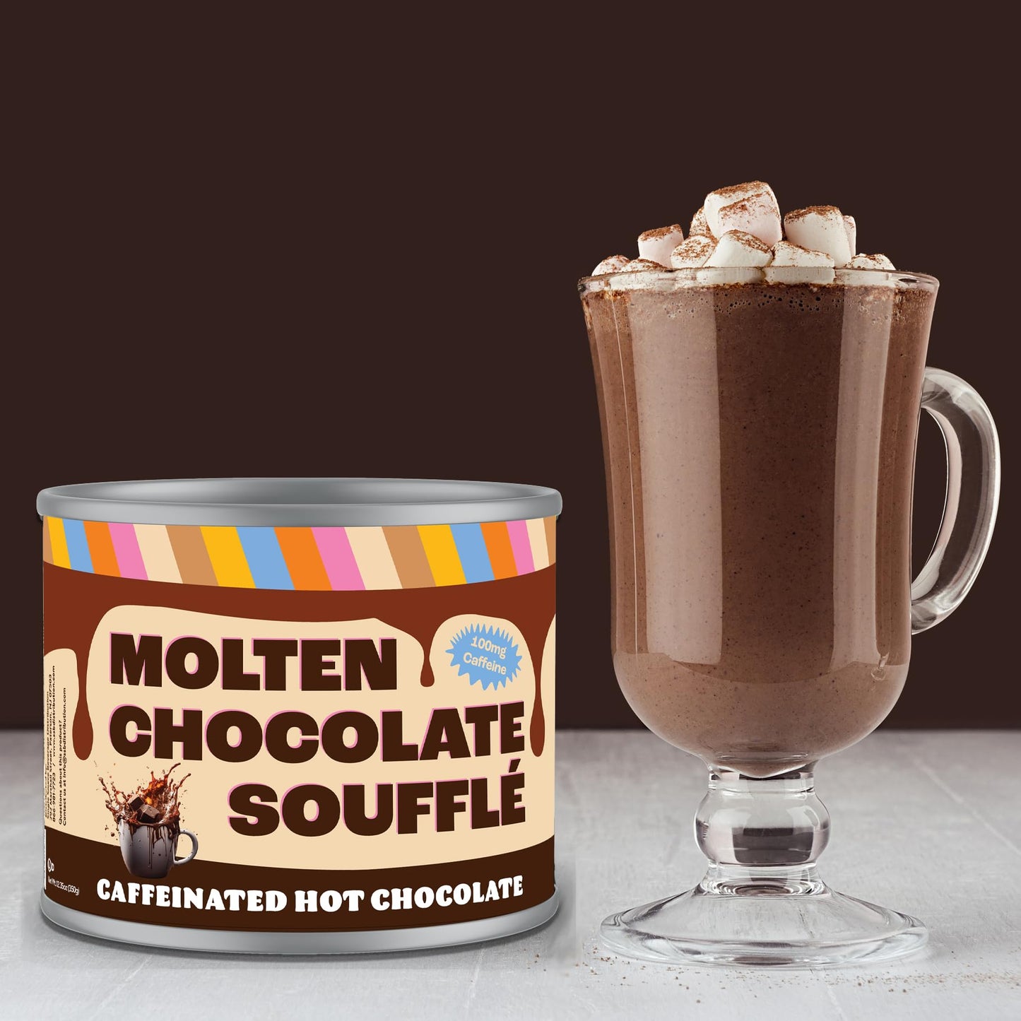 Crazy Cups Caffeinated Chocolate Souffle Hot Cocoa Mix - enhanced Coffee Substitute  12 Oz Canister for Hot Chocolate Lovers