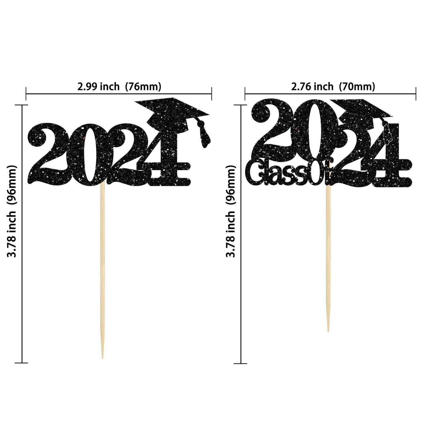 Gyufise 24Pcs 2024 Graduation Cupcake Toppers Black Glitter Class Of 2024 Cake Toppers Grad Cap Cupcake Picks Cake Decorations F
