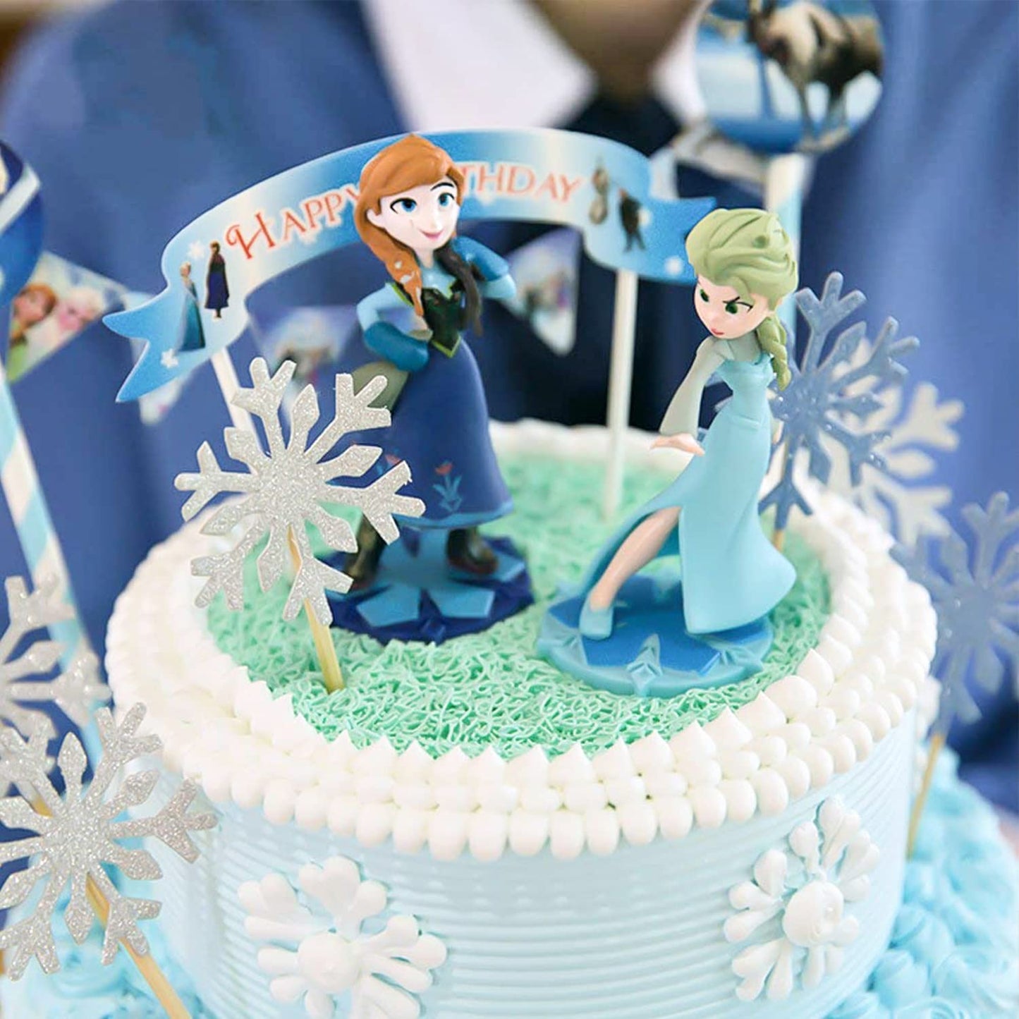 Partywoo Frozen Cake Toppers, 20 Pcs Snowflakes Cupcake Topper, Happy Birthday Cake Topper Set, Silver And Blue Birthday Cake To