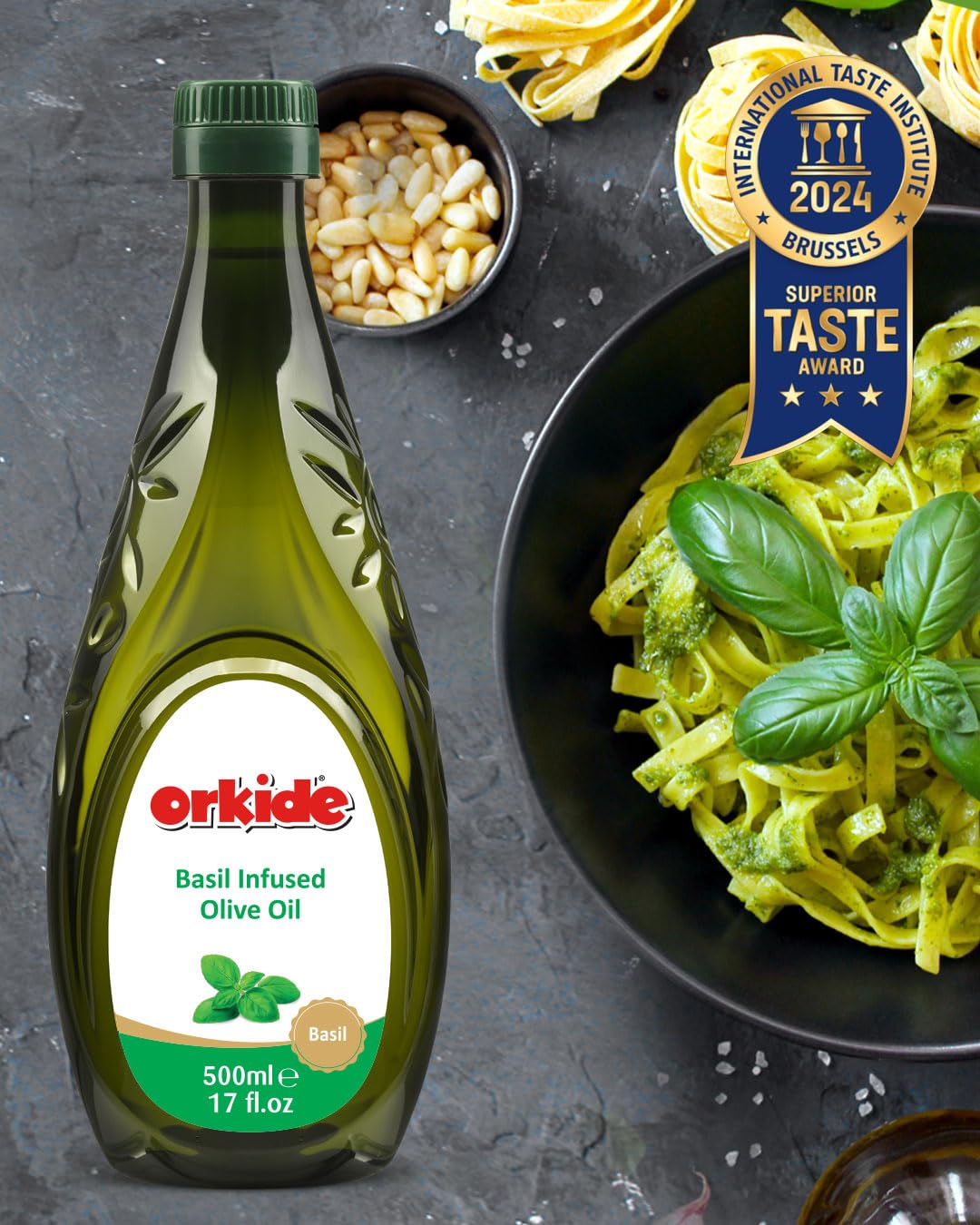 Orkide Basil Infused Olive Oil, Robust Mediterranean Blend, FFA 0.3, Polyphenol+400, 17 fl oz