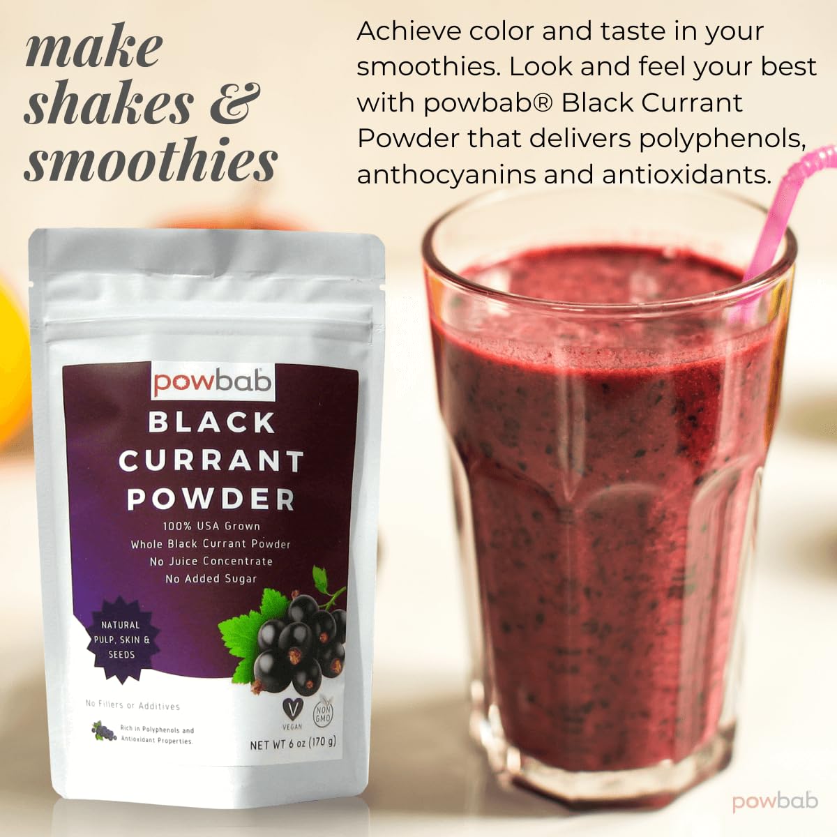 Powbab Black Currant Powder - 100% Usa Grown Whole Black Currants. No Juice Concentrate, No Added Sugar. Made In Usa From Dried