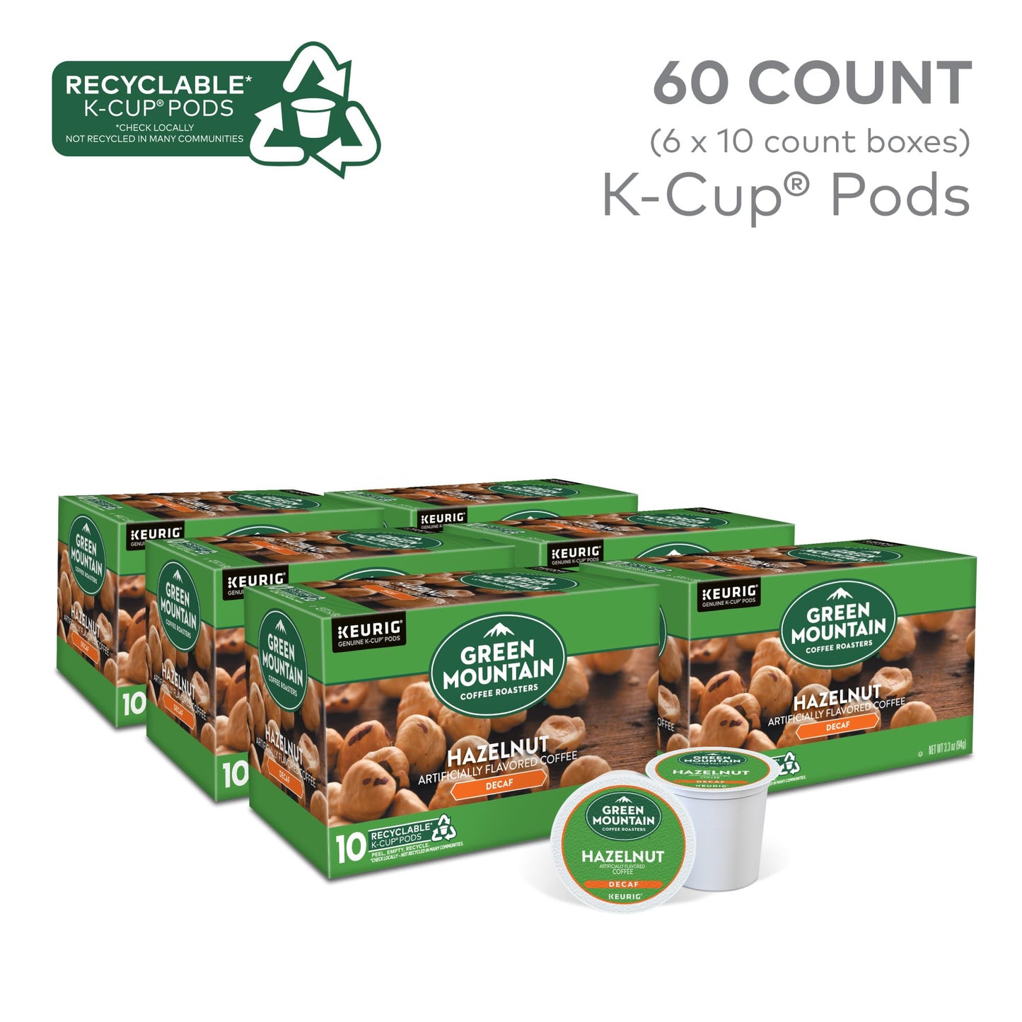 Green Mountain Coffee Roasters Hazelnut Decaf K-Cup Pods, Light Roast, 60 Count (6 Packs of 10)