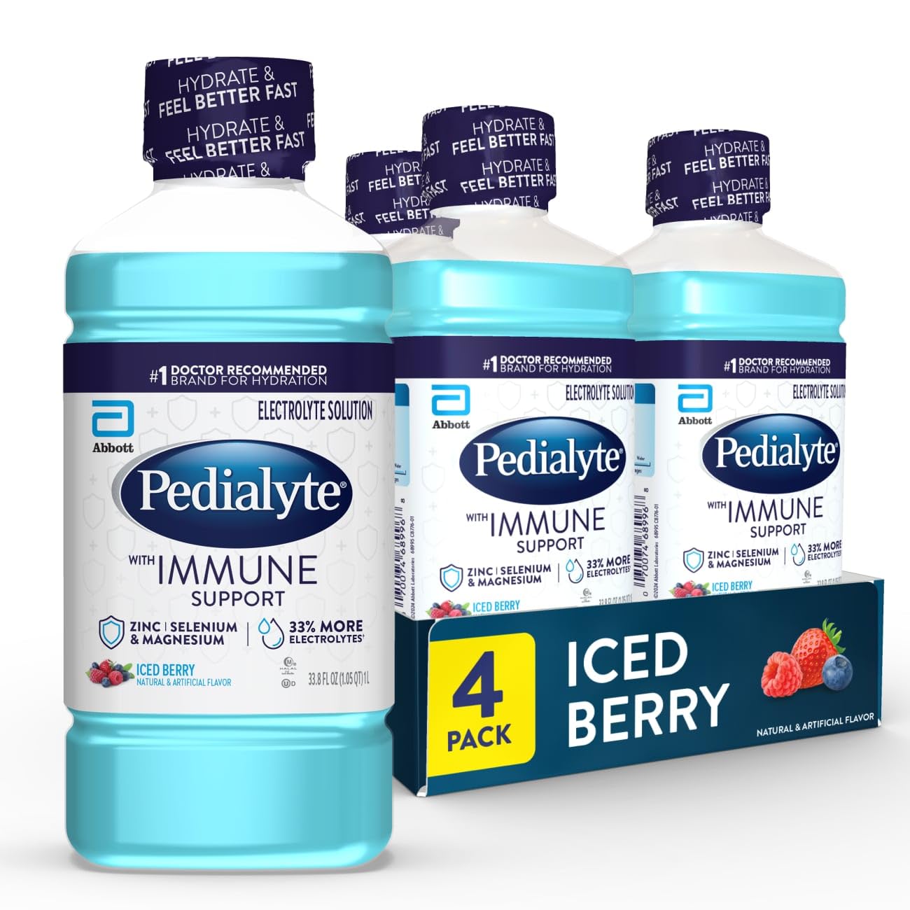 Pedialyte With Immune Support Electrolyte Solution, Hydration Drink With Zinc, Selenium, And Magnesium, Iced Berry, 1 Liter, Pack Of 4
