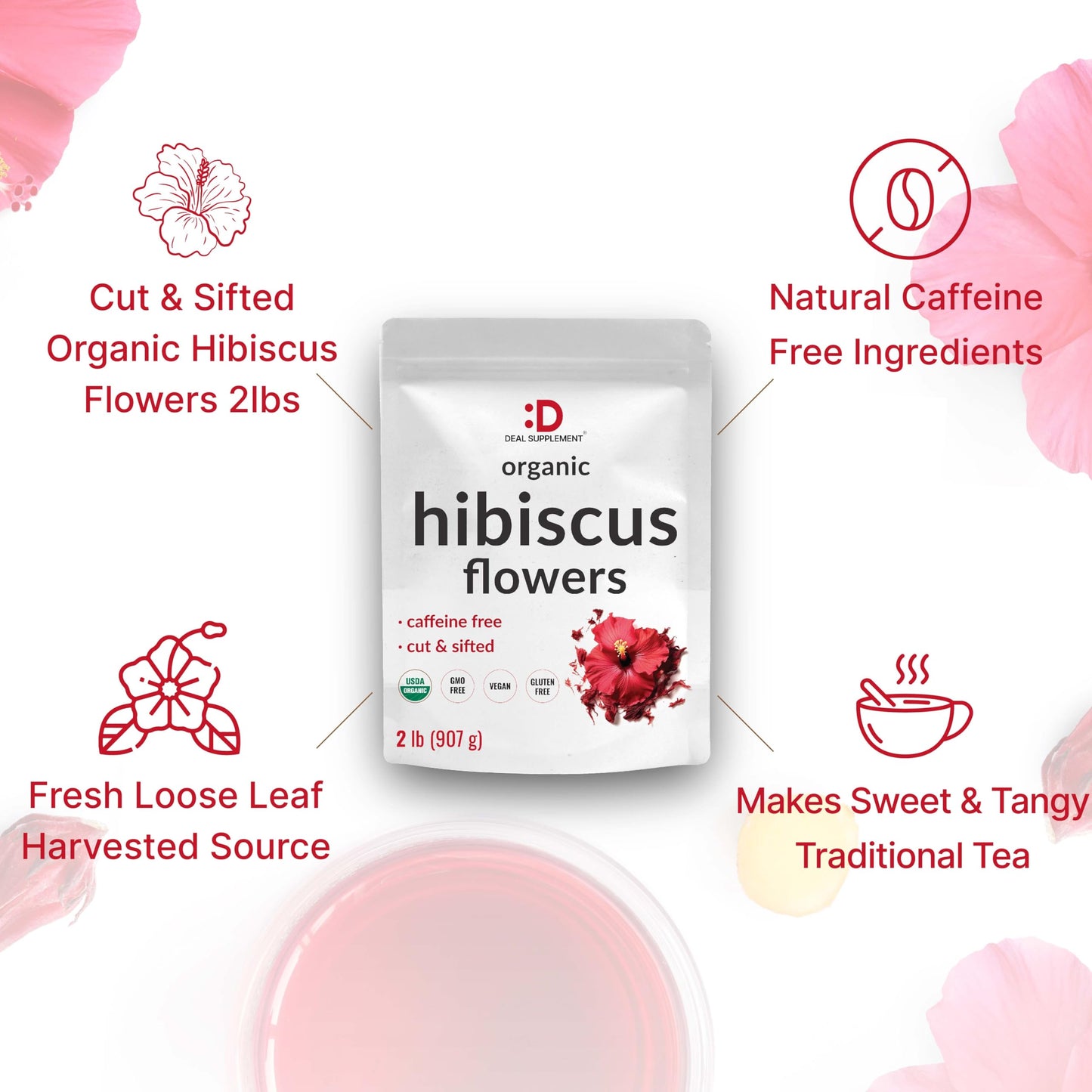 Dried Organic Hibiscus Flowers  2 Pounds - Cut & Sifted Whole Leaves - Loose Leaf Flower Source - Raw Flavor & Aroma  Great for Refilling Tea Bags - Caffeine Free  No Sugar  Non-GMO