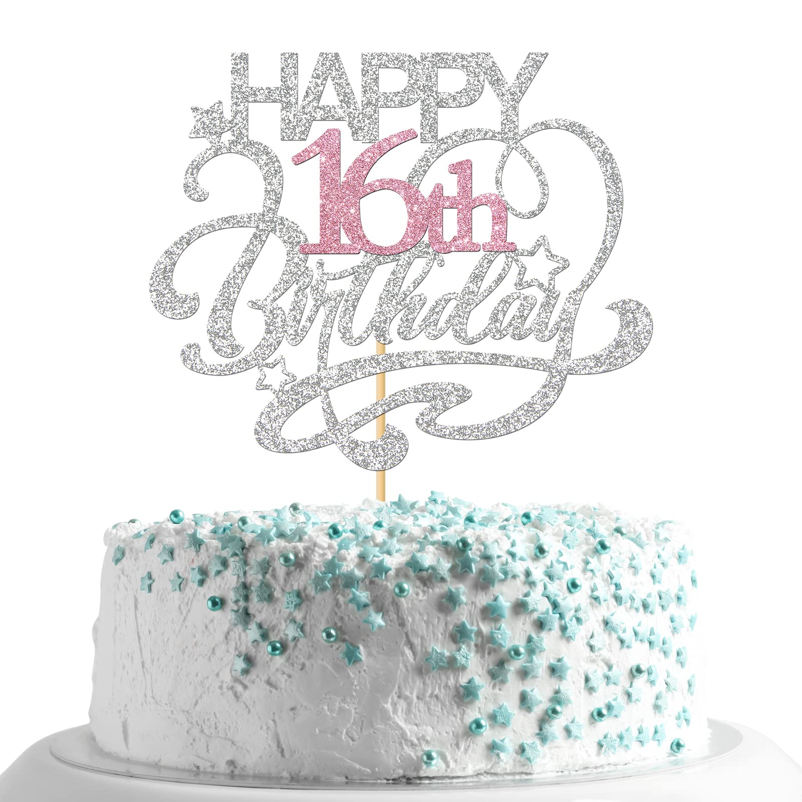 Monmon & Craft Happy 16Th Birthday Cake Topper/Cheers To 16 Years/Teenager Girls 16Th Birthday Party Decor Supplies - Silver & P
