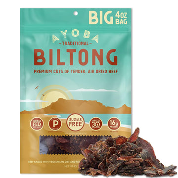 Ayoba Traditional Grass Fed Beef Biltong Slices (4 Ounce, Pack Of 1) Keto Friendly Air-Dried Grass Fed Beef Paleo Snacks - Glute